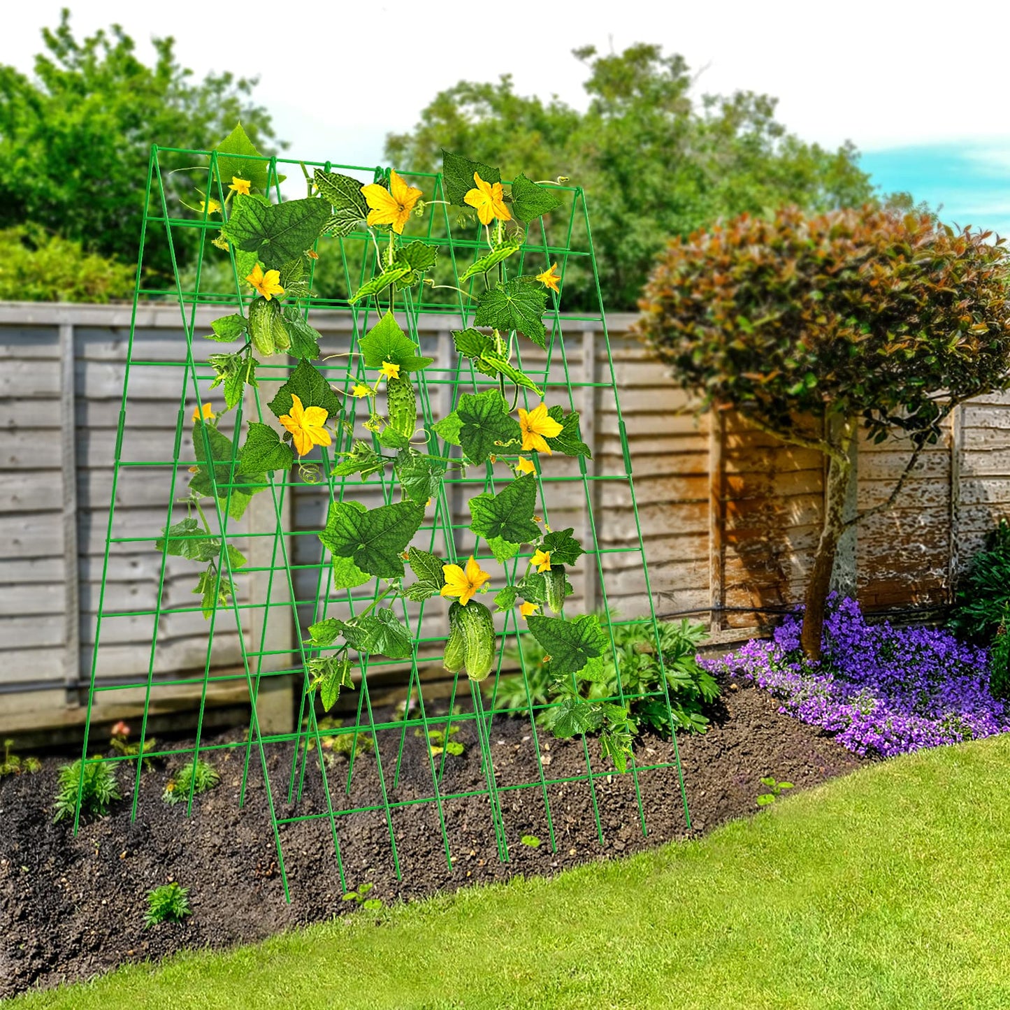 DoCred Cucumber Trellis, 59" High 2 Pack Foldable A Frame Trellis for Raised Bed Climbing Plants, Vegetables, Includes Plant Support Clips, Twist Ties, Plastic Ties- Made from PVC-Coated Steel