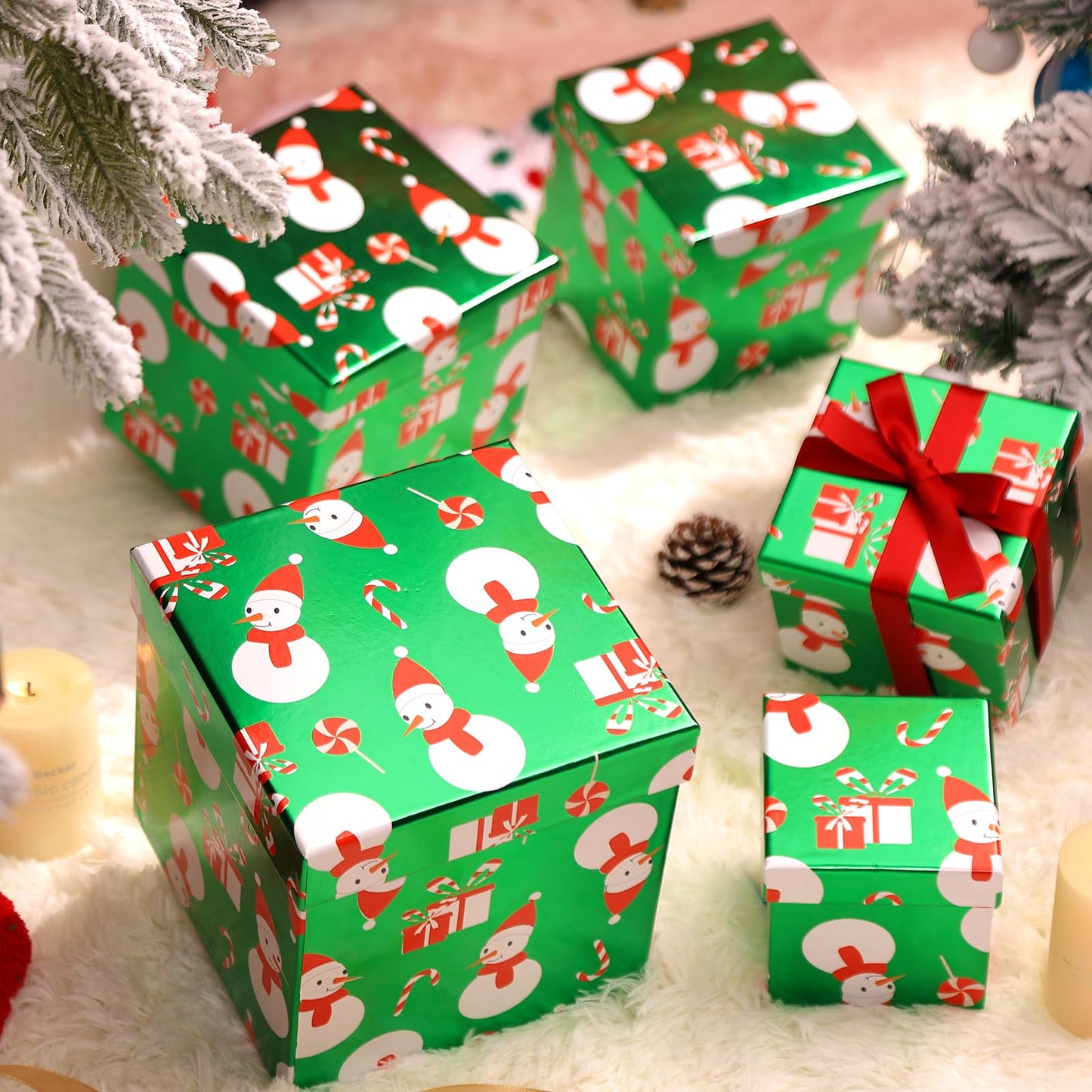 PAPER FAIR 5PCS Christmas Snowman Nesting Gift Boxes Set, Green Foil Mirror Candy Cane Lollipop Square Cardboard Nested Box w/Lid, for Gift Wrapping Holiday Present Birthday, Assorted Size