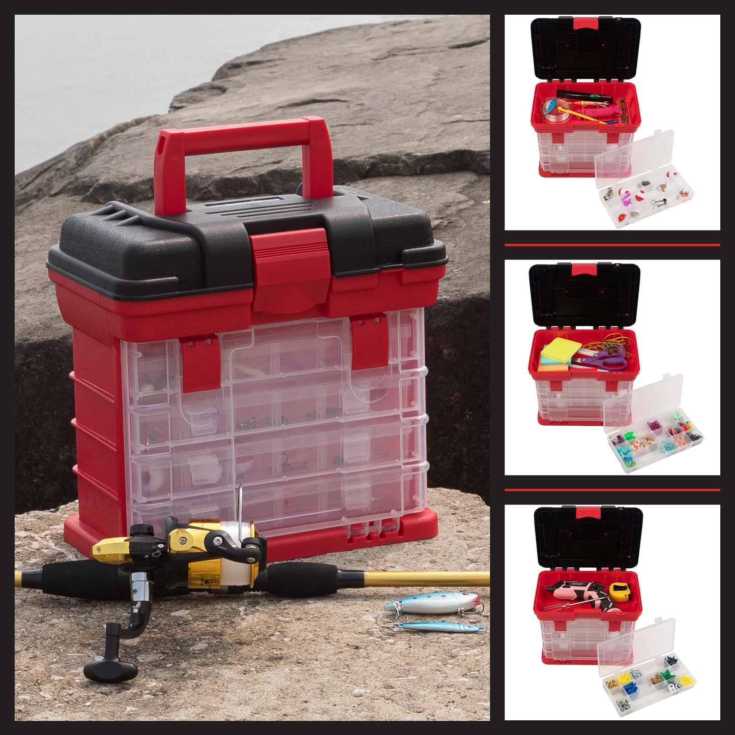 Portable Tool Box - Small Parts Organizer with Drawers and Customizable Compartments for Hardware, Fishing Tackle, Beads, or Crafts by Stalwart (Red)