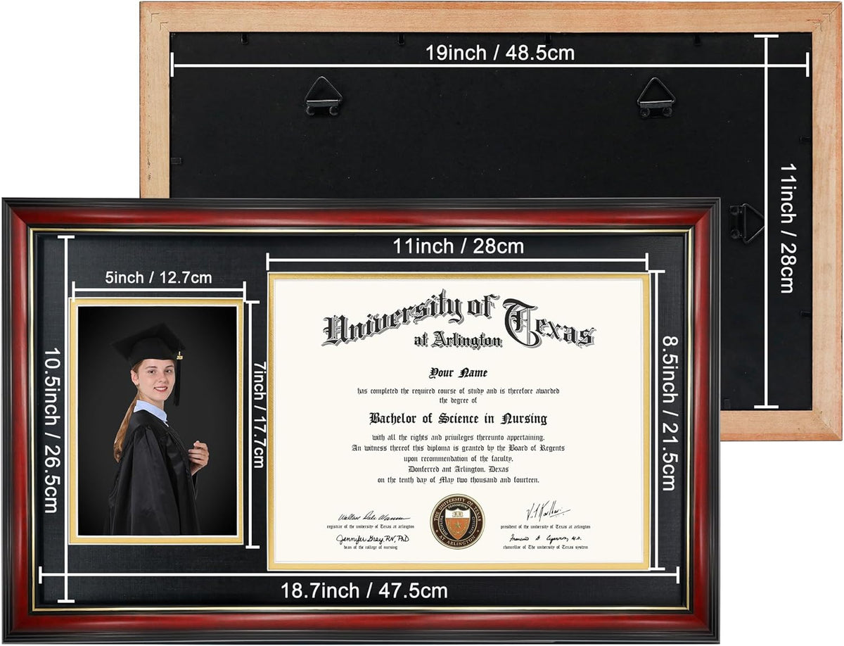 GraduationMall 11x19 Cherry Diploma and Photo Frame for 8.5x11 Certificate,5x7 Picture,Tempered Glass,Black over Gold Double Mat