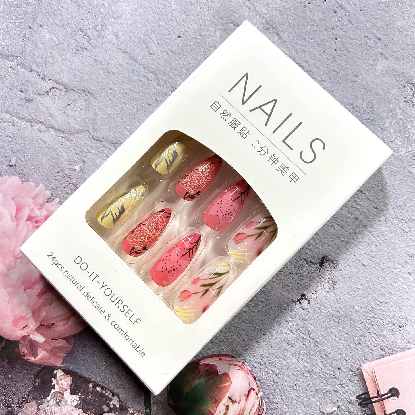 CJDLTS Colorful Flower Press on Nails Medium Almond Artificial Acrylic Nail 3D Blush Floral with Bubble Design Stick on Nails Full Cover Reusable Coffin Glue on Nail Artificial Fingernails for Women