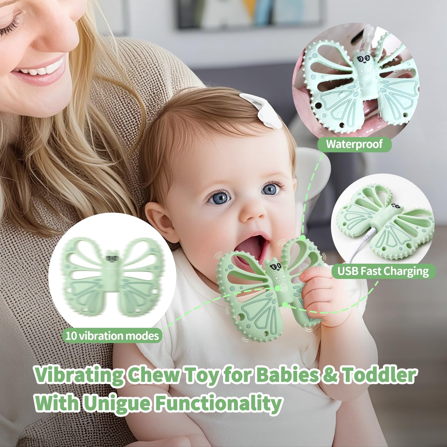 ETETOO Vibrating Sensory Chew Toy for Autistic Children - USB fast charging, 10-speed vibration baby teether, Rechargeable Teether for Babies 18 Months, Autism Sensory Toys & Calming Chew Toys (Green)
