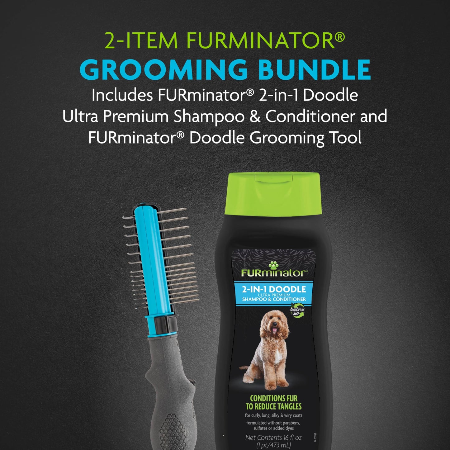 FURminator Doodle Grooming Tool & Shampoo/Conditioner Bundle, Dematting Tool with Comb for Mats, Tangles Plus 2-in-1 Shampoo & Conditioner for Doodle Dog Breeds, Curly, Long, Silky & Wiry Coats