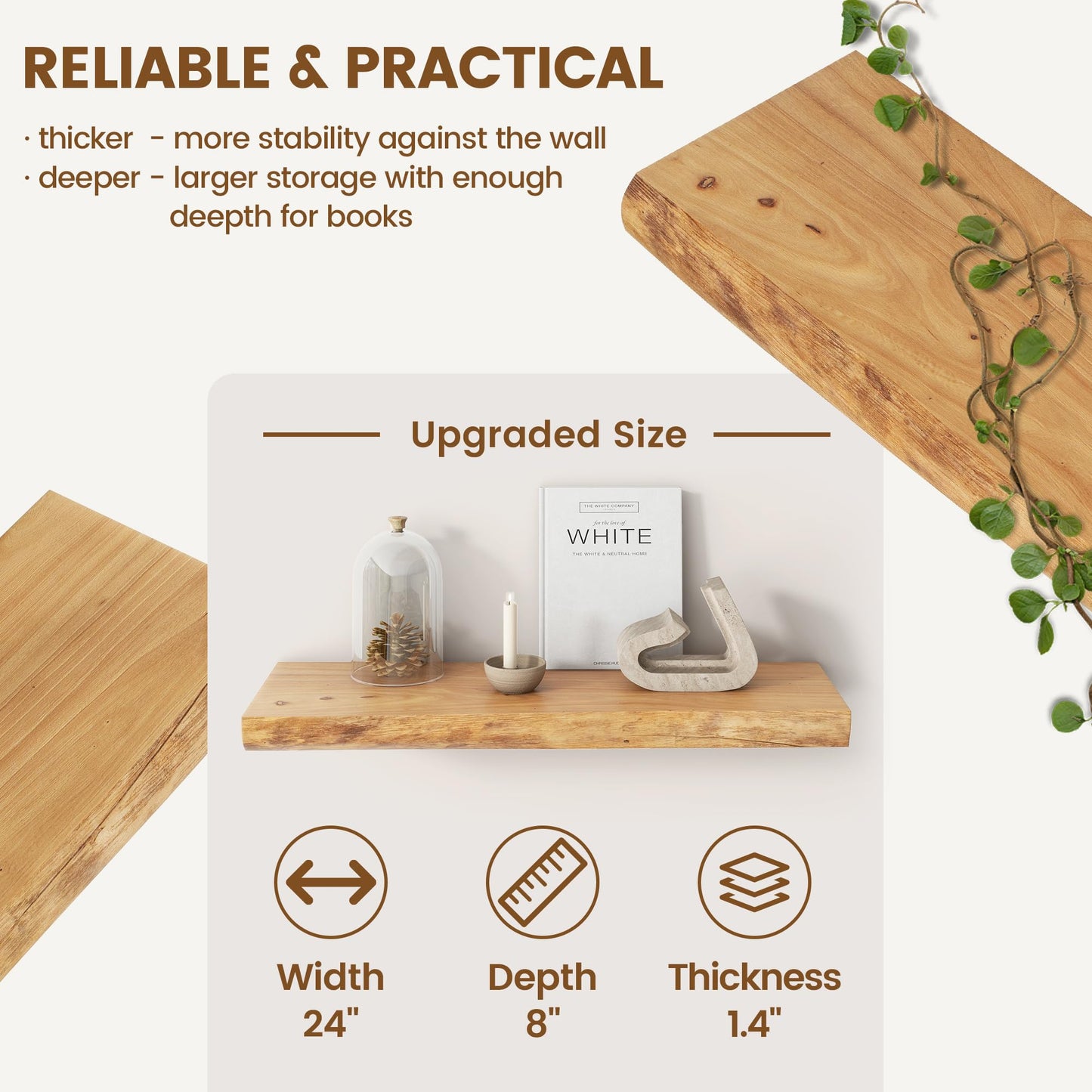 Venusmiles Live Edge Elm Floating Shelves for Wall Decor, Rustic Solid Wood Shelves Wall Mounted with Invisible Bracket for Living Room Bathroom Bedroom Kitchen, 24 Inch Set of 2, Natural