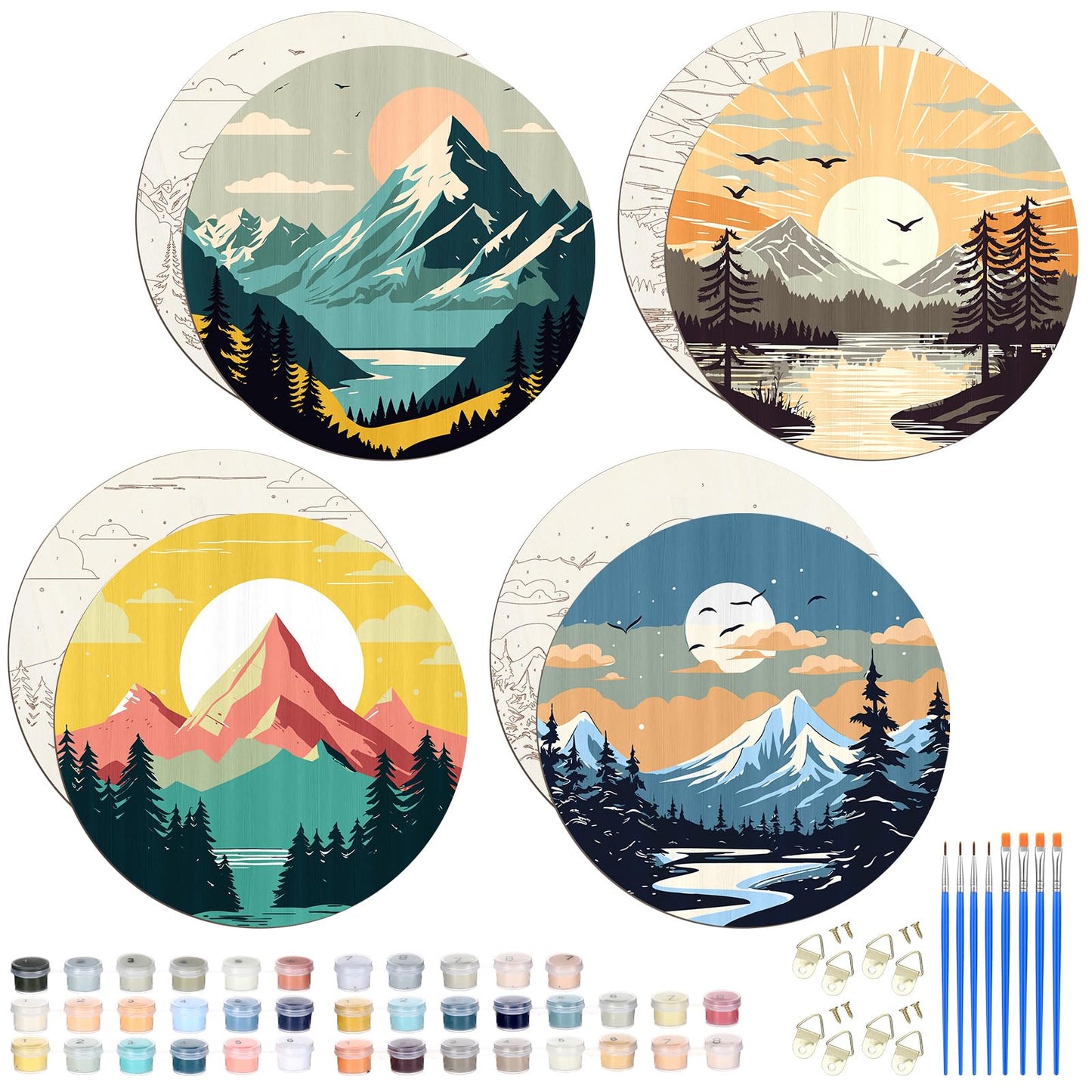 Faccito 4 Pack Wooden Landscape Paint by Numbers Kit for Adults Beginners 8 Inch Unfinished Round Wood Board Acrylic Paint Nylon Brush Hook Distant Mountains Sunset Lake DIY Crafts for Home Wall Decor