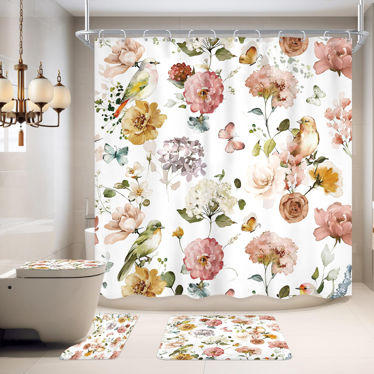 Navy Blue Floral Watercolor 4Pcs Bathroom Shower Curtain Set with Rugs