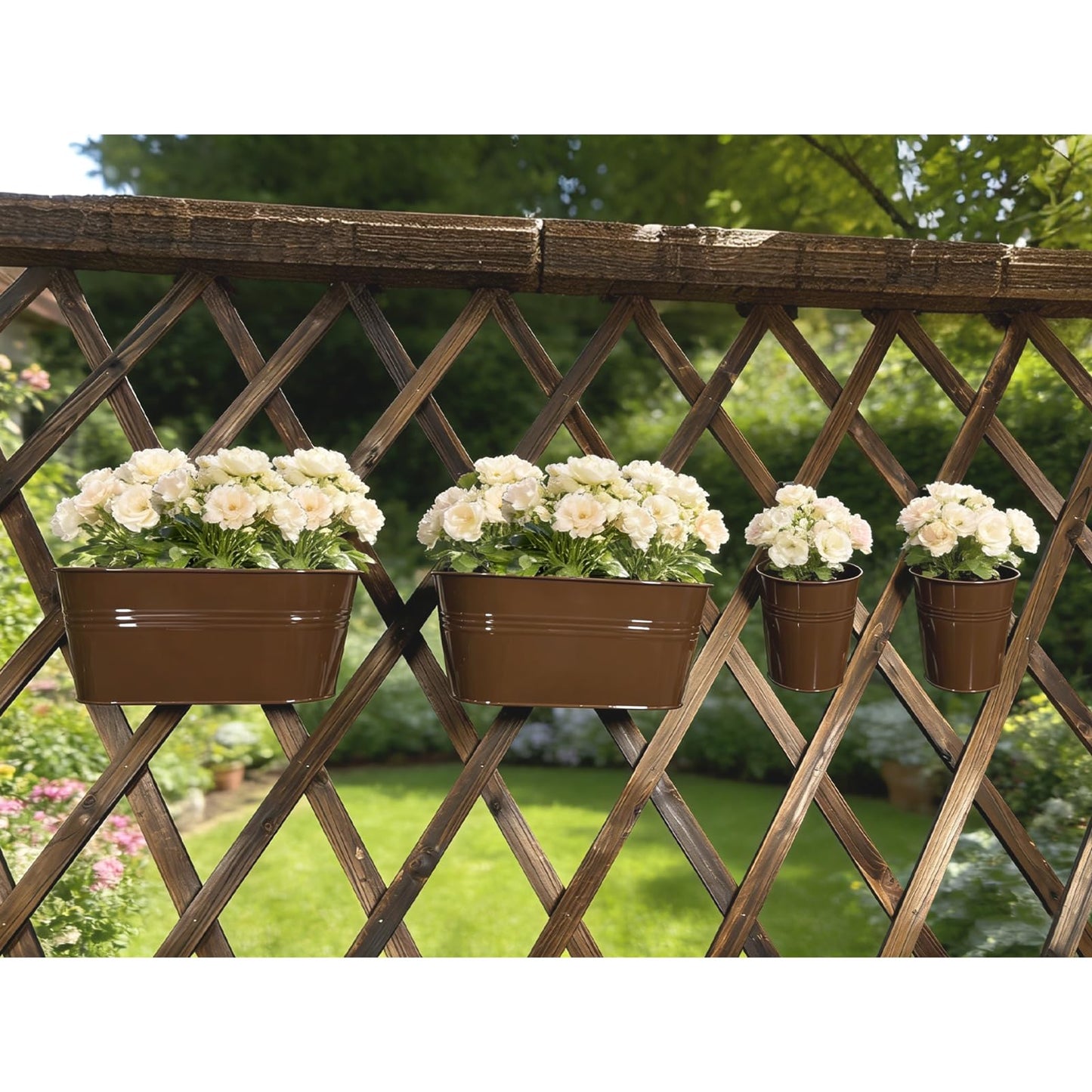 Joyfernal Set of 6 Balcony Hanging Planters, 2 Pcs 17" Metal Railing Flower Pots & 2 Pcs 12" Deck Planter & 2 Pcs 4" Fence Pot for Outdoor Patio Garden Décor, Chocolate