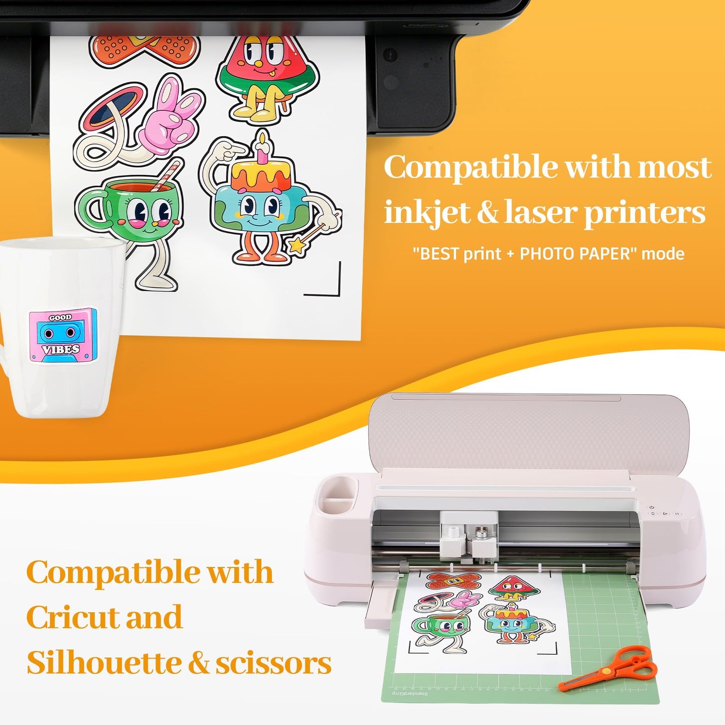 QYH Printable Vinyl Sticker Paper for Inkjet & Laser Printer - Matte White Waterproof, 50 Sheets Vivid Colors, Compatible with Cricut, Silhouette, Ideal for Small Business & DIY- 8.5"x11"