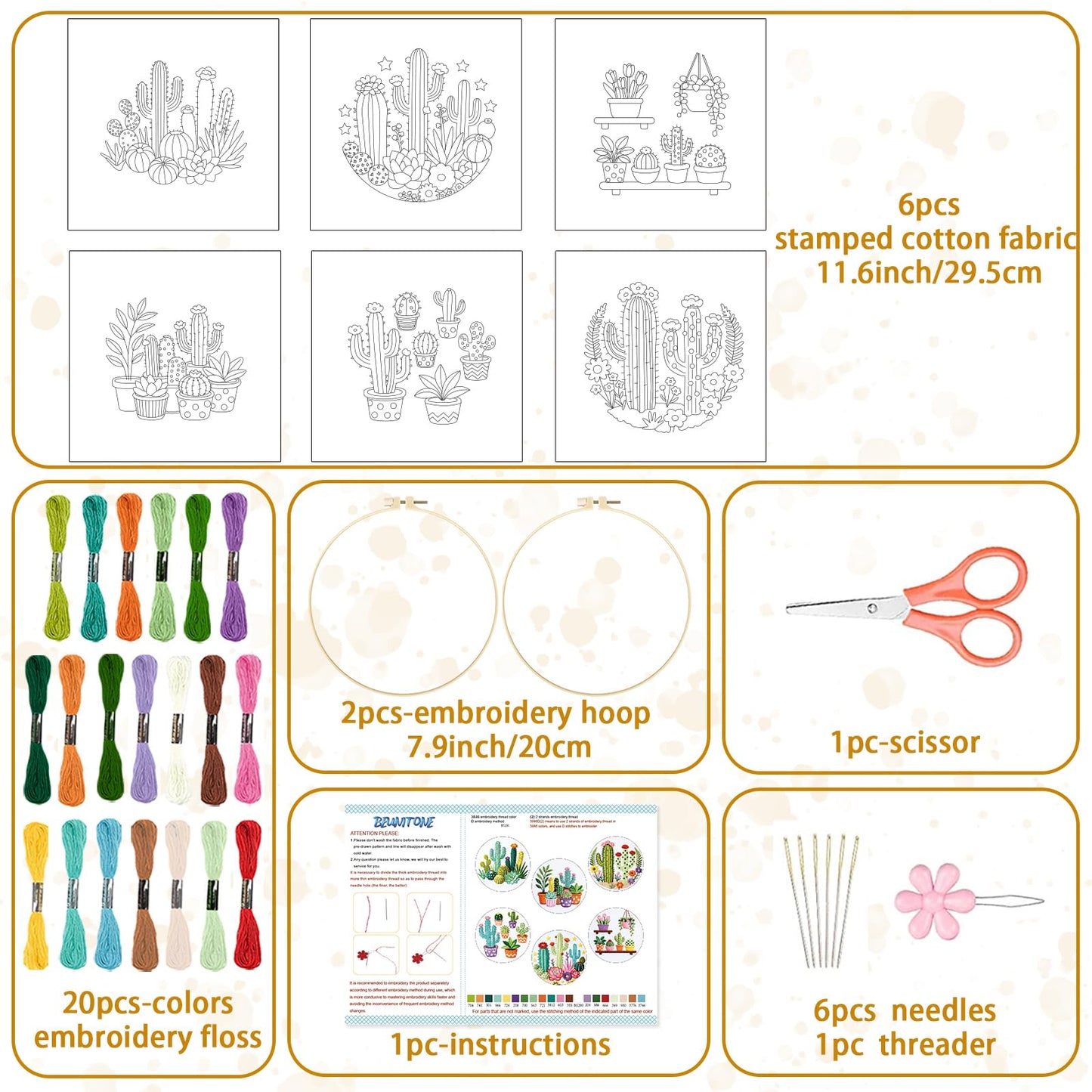 BEUNITONE Cactus Embroidery Kit for Beginners, 6PC Succulent Plant Themed Needlepoint Kits for Adults with Hoops, Threads, Needles, Instructions and Full Kits, DIY Home Decor Craft Gift for Adults