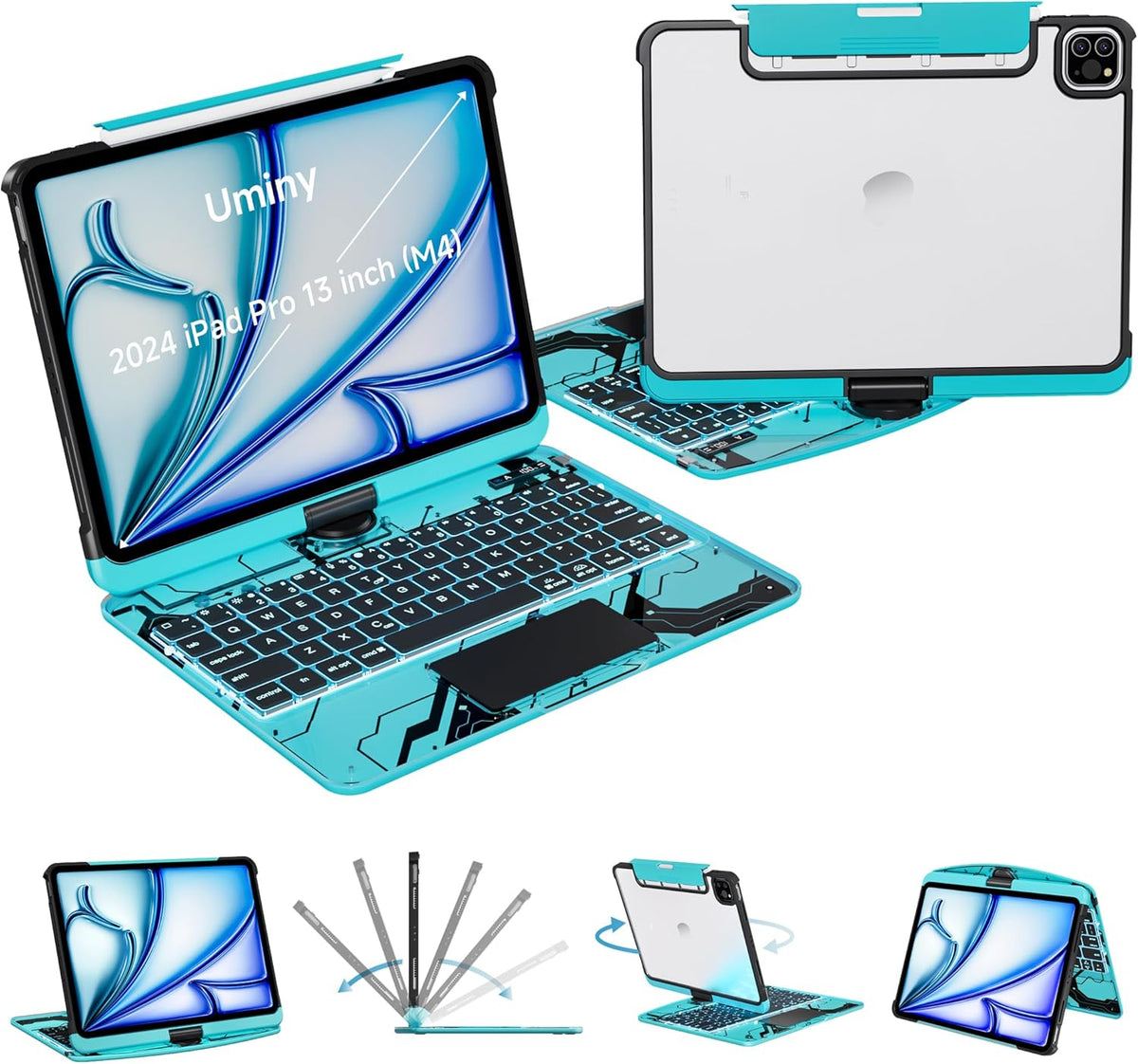 iPad Keyboard Case for 2024 M4 iPad Pro 13 inch, Magic Wireless Keyboard with Trackpad 7 Color Backlit, 360° Rotating Stand Transparent Protective Cover with Pencil Holder (Cyan)