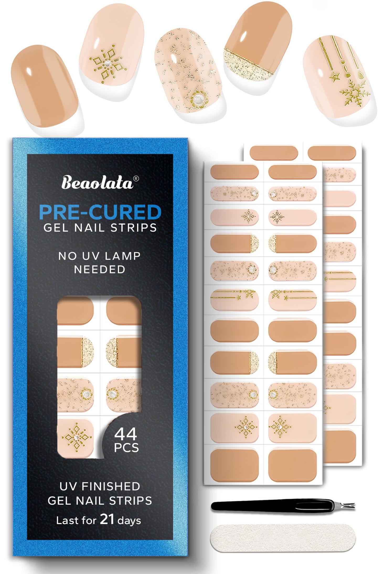 Beaolata Real Gel Nail Strips (No UV Light Needed) - 44Pcs Salon Quality Nail Stickers - Long Lasting Polish Wraps for Women, Easy Apply & Remove (Cosmic Shimmer Nude)