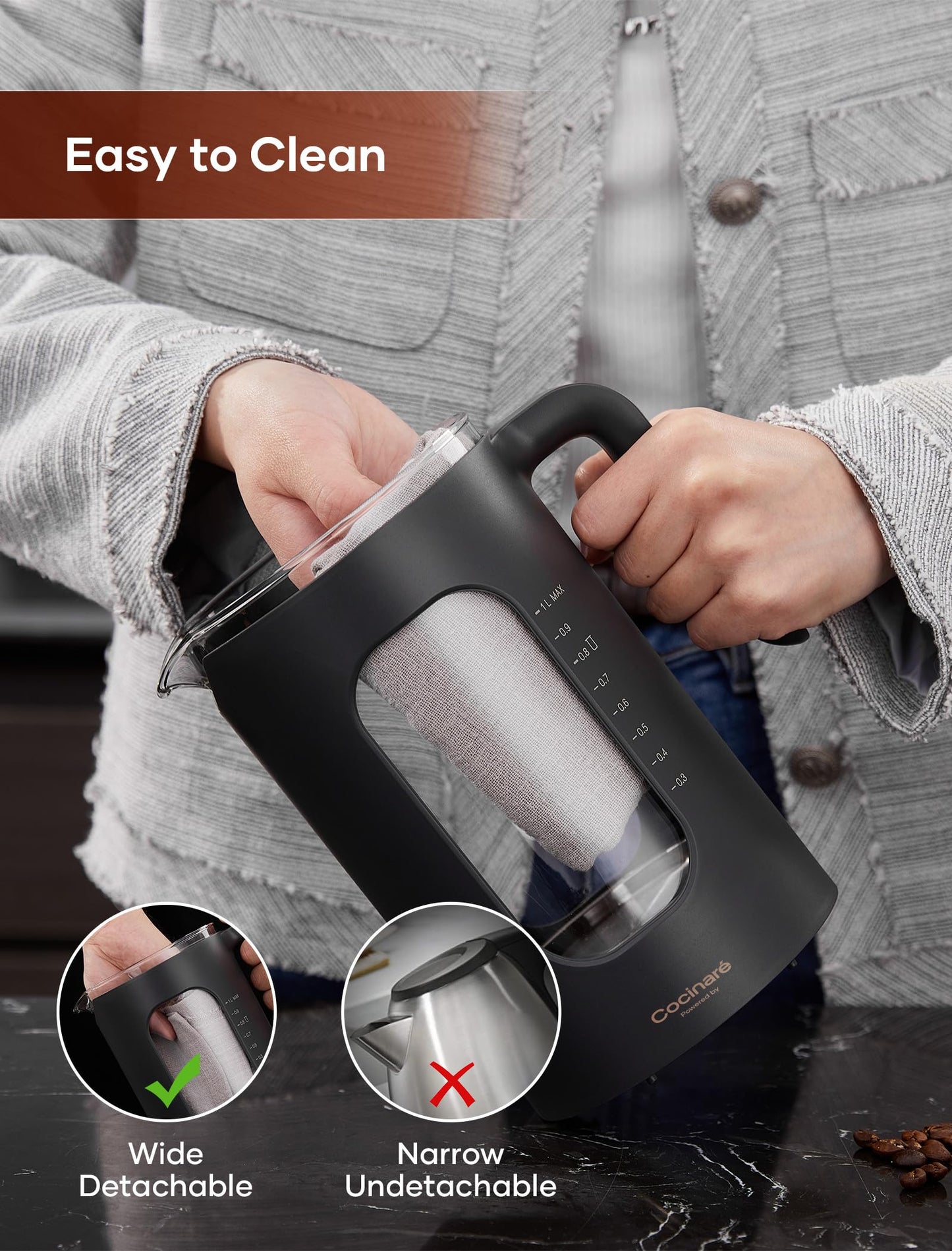 Electric Tea Kettle, INTASTING Glass Electric Kettle with tea Infuser and Precise knob temperature control, 1200W Fast Heating, BPA-Free, Easy to Clean, 1 Liter (Dark Gray)