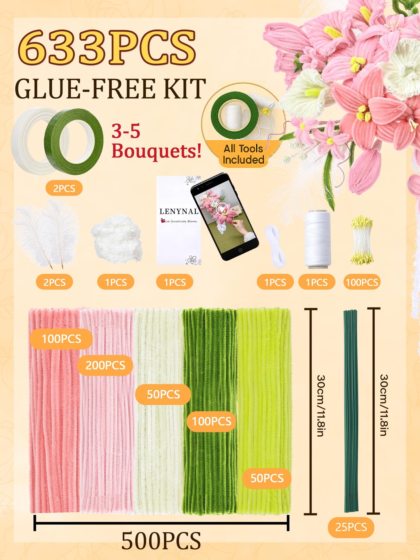 LENYNAL 500 Pcs Pink Pipe Cleaner Flower Kit, Pastel Pipe Cleaners Craft Bulk, Glue-Free & Safe for Kids, Step-by-Step Tutorial, 5 Colors Chenille Stems for Flower Making