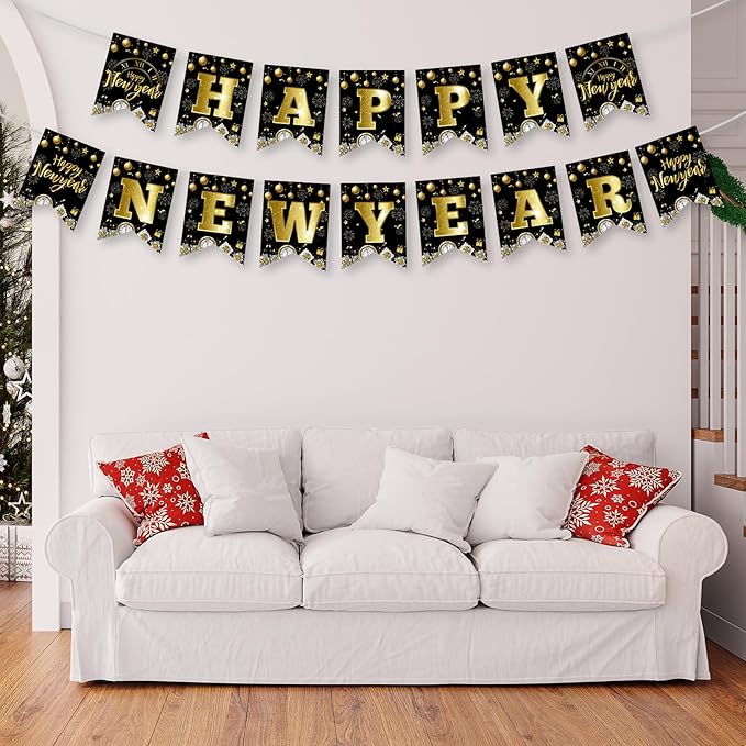 Black & Gold Happy New Year Banner Garland