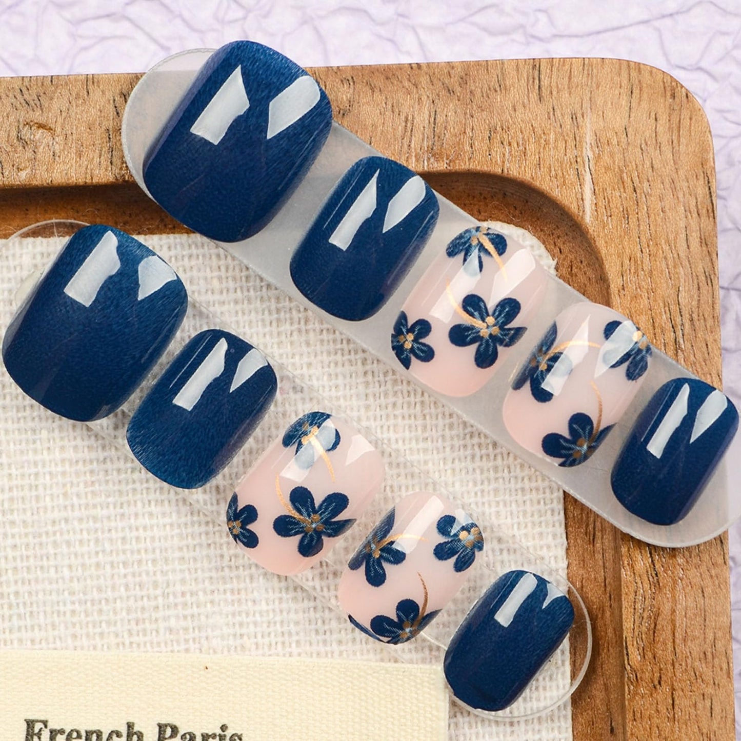 Square Press on Nails Short Fake Nails with Flower Designs Nails Press ons Dark Blue Glue on Nails Glossy False Nails Spring Summer Stick on Nails for Women 24Pcs