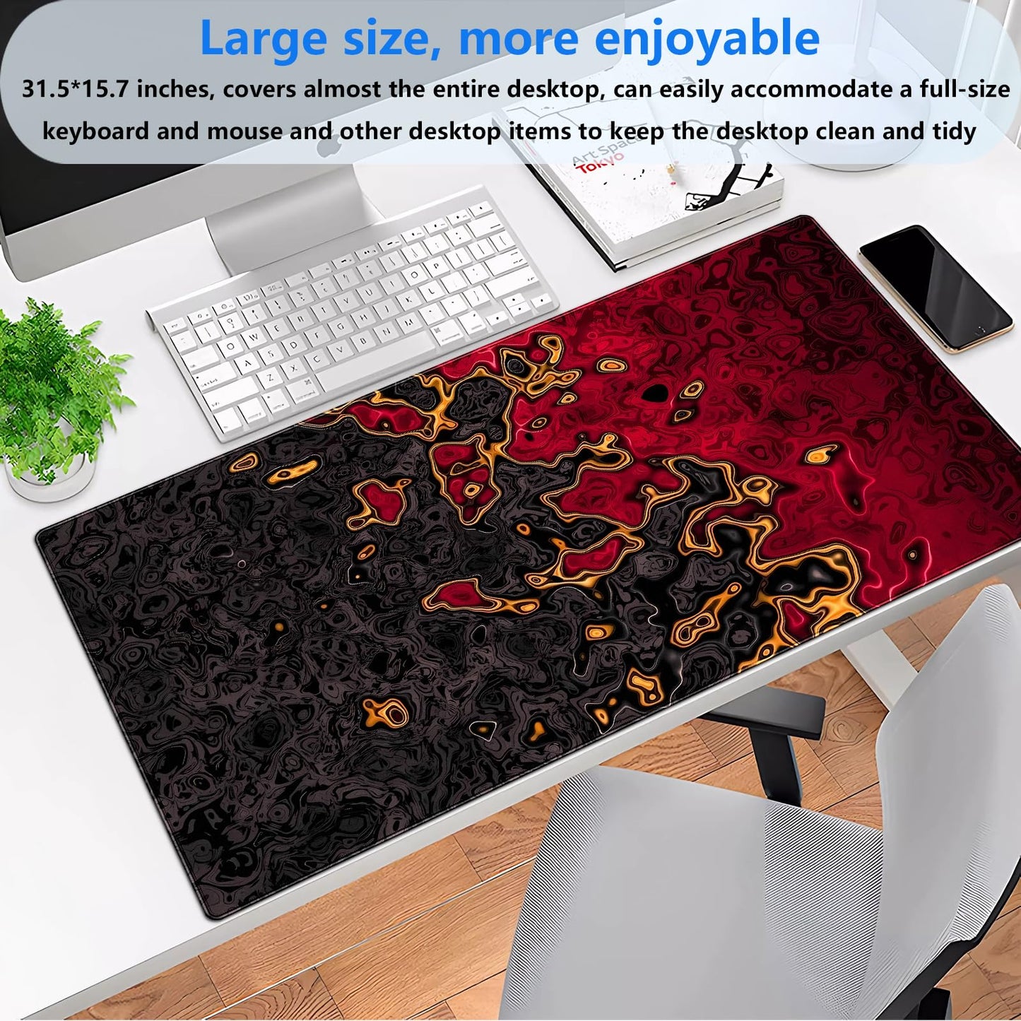 Shalysong Red and Black Large Gaming Mouse Pad, Fluid Abstract Art Desk Mat 31.5x15.7 inch, Extended XL Non-Slip Micro-Fiber Surface with Natural Rubber Base for Computer Laptop, Home or Office Use