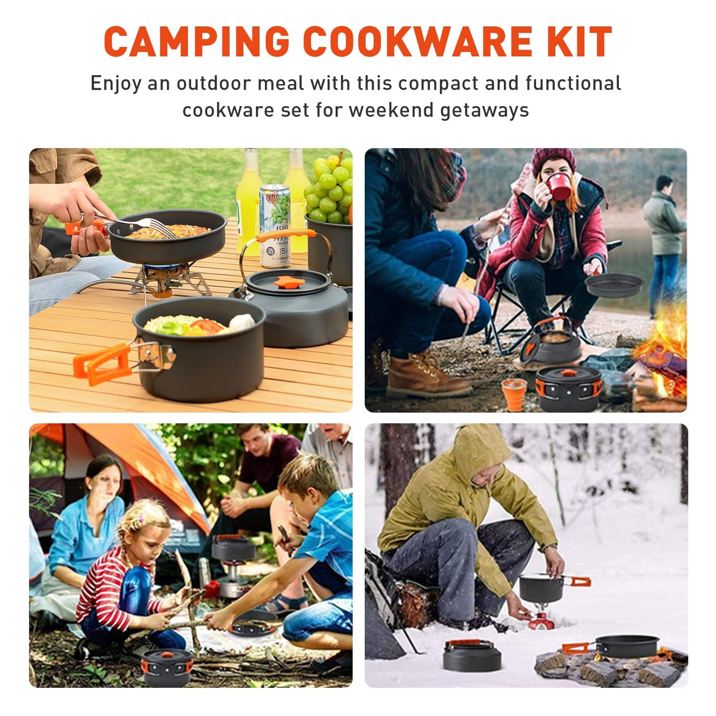 Camping Cookware Camping Cooking Set, Non-Stick Hard-Anodized Aluminum Pot & Pan with Kettle, 2 Forks Knives Spoons, 2 Plates & Folding Cups, Compact Backpacking Cookware for 2-3 People, Camping Gift