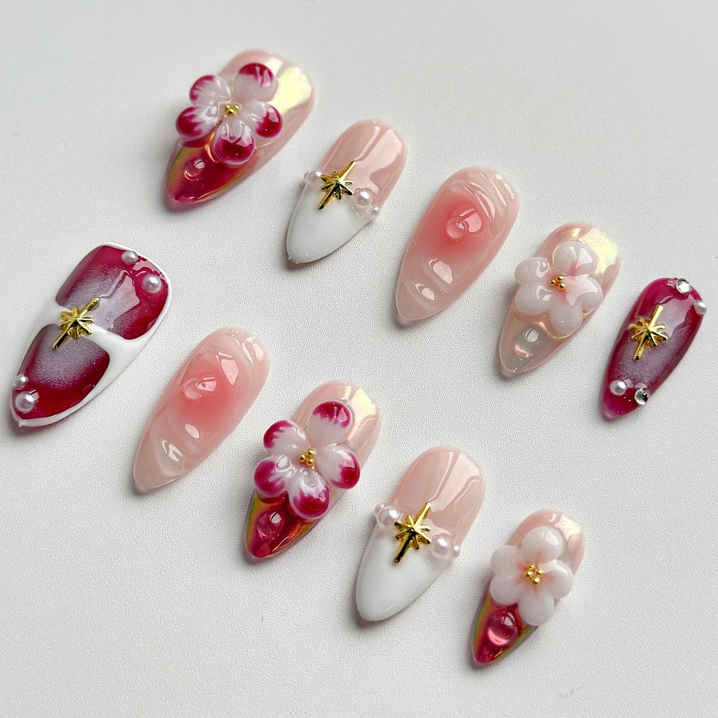 Luxury Press on Nails Medium Almond Handmade 3D Unique Reusable ABS Material Fake Nails Chrome French Tip False Nails with Designs Pink Flower Pearls Glossy Glue on Nail Thick Acrylic Nail(S)