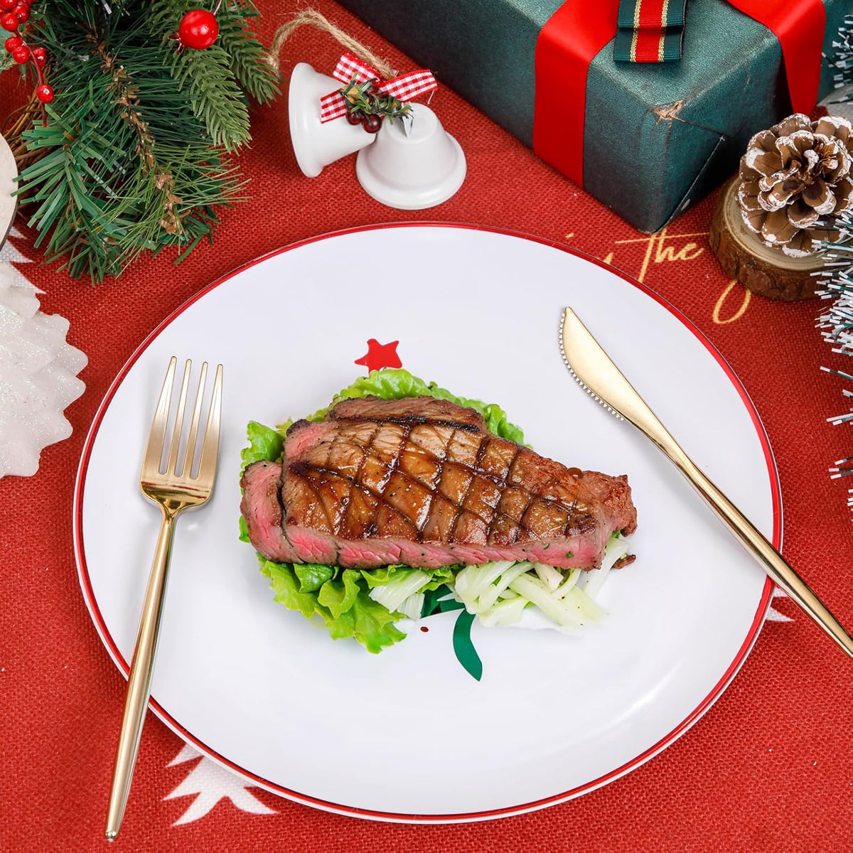 LIYH 60 Pcs Christmas Plates Disposable Heavy Duty, White Plastic Christmas Plates with Red Rim, Tableware Dishes, Xmas Party Decorations Holiday Party Supplies Serve for 30 Guests