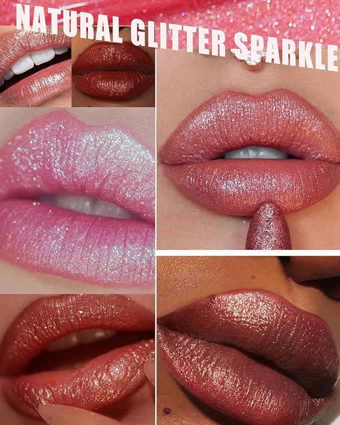 Rose Red Metallic Glitter Lipstick Long Lasting,Diamond Nude Shimmer Lip Gloss High Pigmented Matte Liquid Lip Stick for Women,Sparkling Shiny Transfer Proof Non Stick Tinted Lip Color Balm Makeup-06