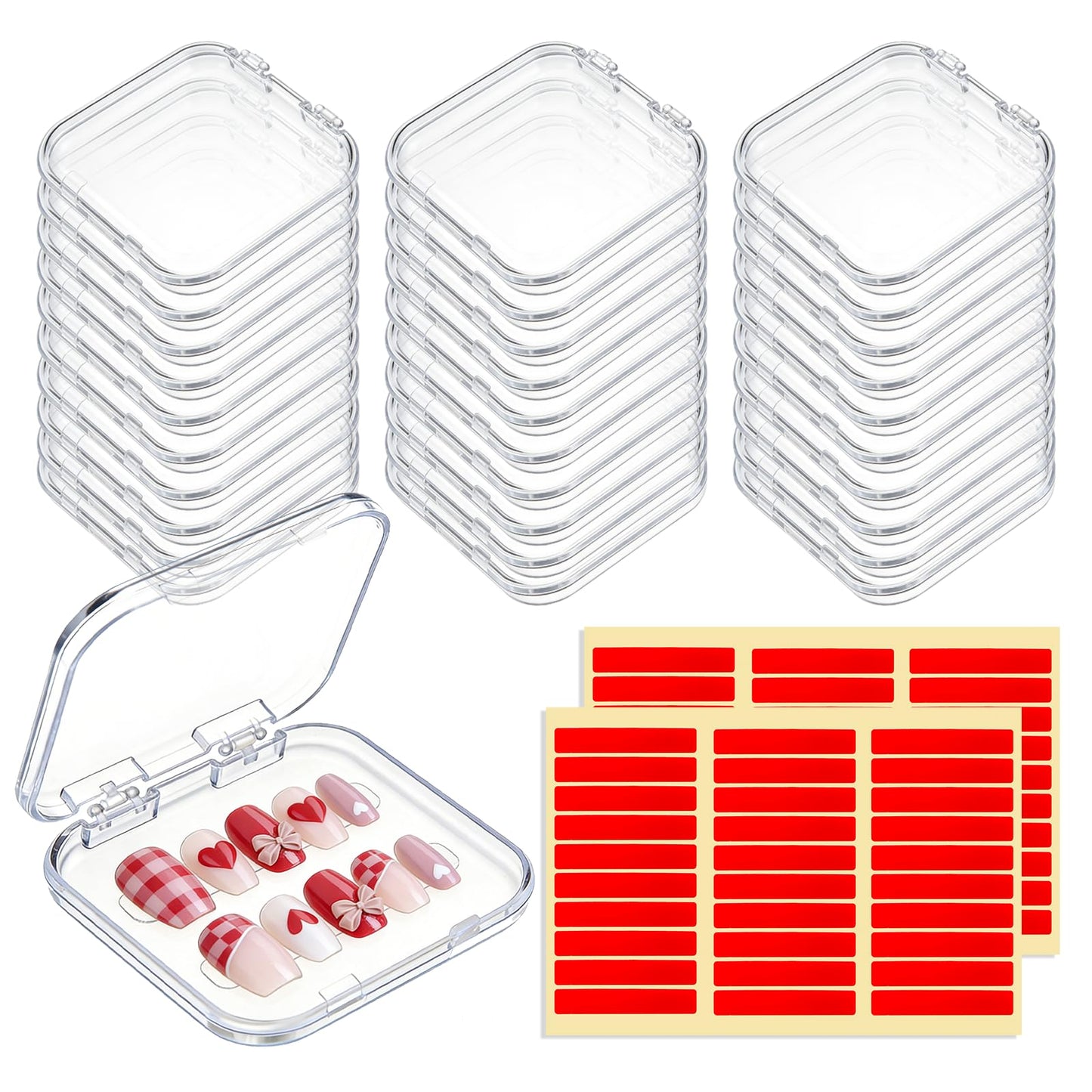 YOSMAKIY 30pcs Press On Nail Packaging Box，Press On Nail Storage Box Set With 60pcs Of Double-Sided Adhesive Tape，Suitable For Nail Storage And Nail Art Display (Clear)
