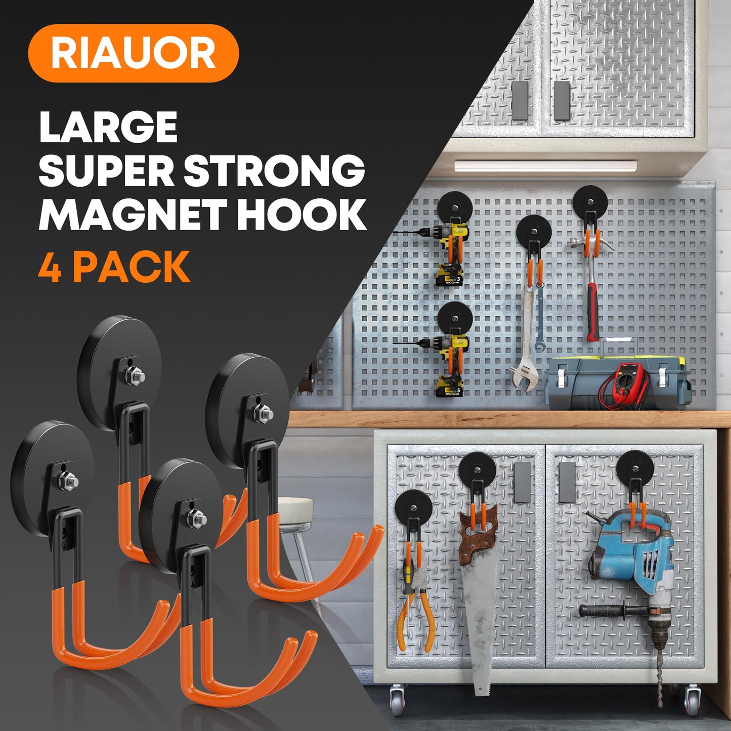 Heavy Duty Magnetic Hooks, Magnetic Utility Hooks for Garden Tools, Toolbox, Shovel, Broom, Extension Cord, Extra Large Magnet Hooks for Indoor Outdoor Hanging(4 Pcs 3.5in)