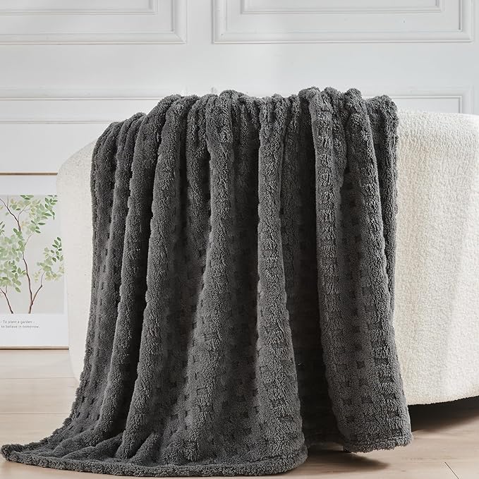 NEWCOSPLAY Super Soft King Blanket Grey Premium Silky Flannel Fleece 3D Waffle Checkered Lightweight Bed Blanket All Season Use (Dark Grey, King(90"x110"))