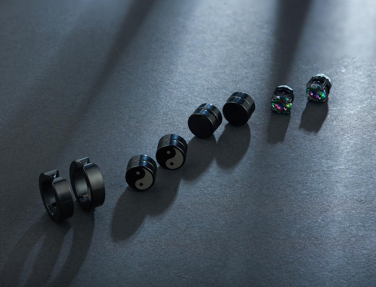 SIISPRI 4 Pairs Black Earrings for Men, Titanium Screw Back Surgical Stainless Steel Stud Earrings Rainbow 5A Cubic Zirconia Hypoallergenic Aritos Para Hombre Studs Jewelry Set for Men Women,