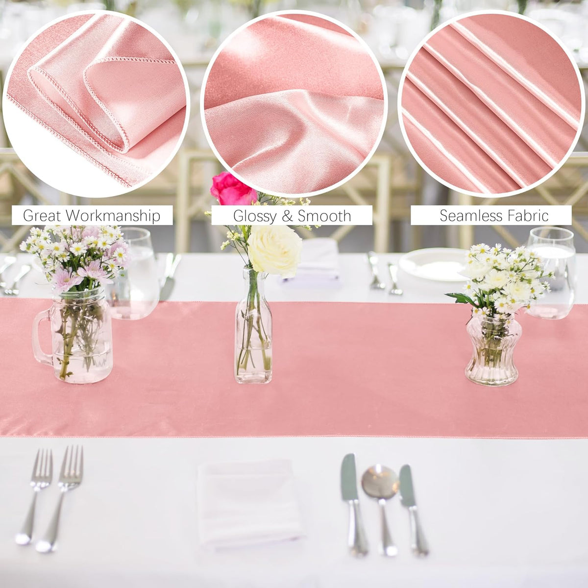 Aneco 12 Pack Satin Table Runner 12 x 108 Inch Rose Gold Long Wedding Satin Silk Table Runner for Wedding Banquet Graduations Birthday Party Decoration
