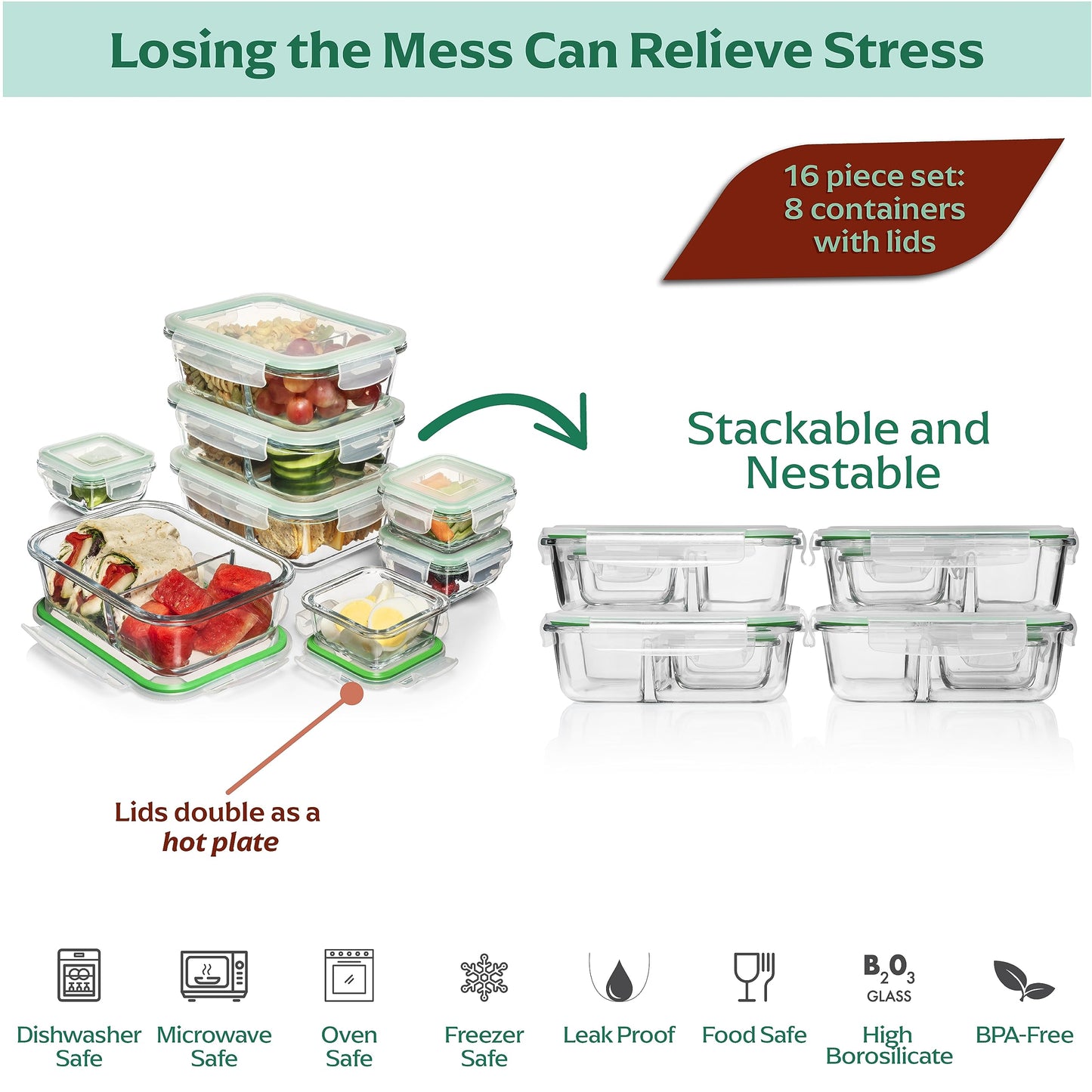 Fusion Gourmet Glass Meal Prep Containers with Lids [8 Pack, 33 oz & 4.5 oz] - 2 Compartment Divided Glass Bento Boxes for Adults, Oven Safe & Airtight