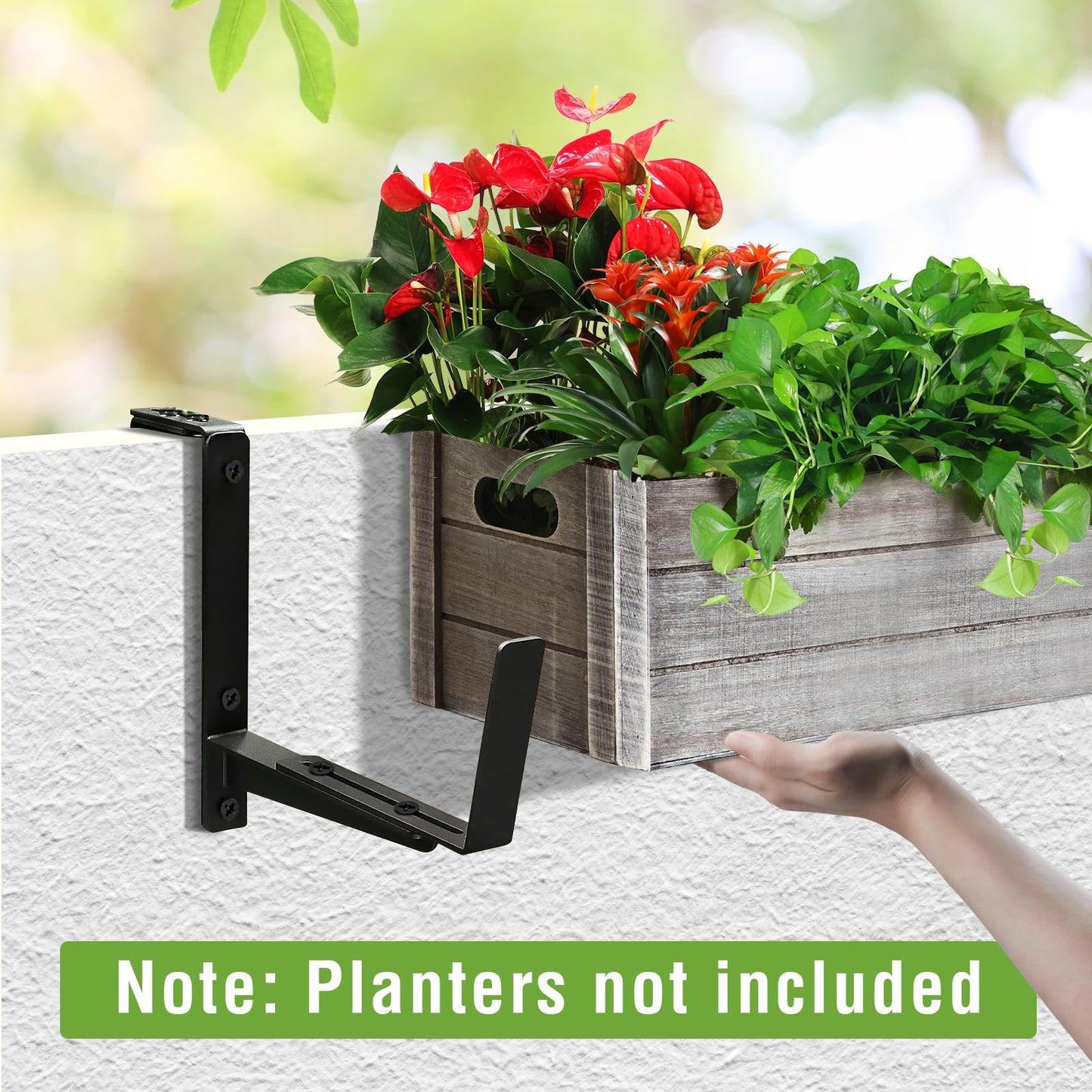 NouraVita Window Box Brackets, Adjustable Hanging Railing Planter Box Brackets, Heavy Duty Wall Mount Iron Flower Box Holder for Outdoor Windowsill, Balcony, Garden, and Fence (2 Pack)