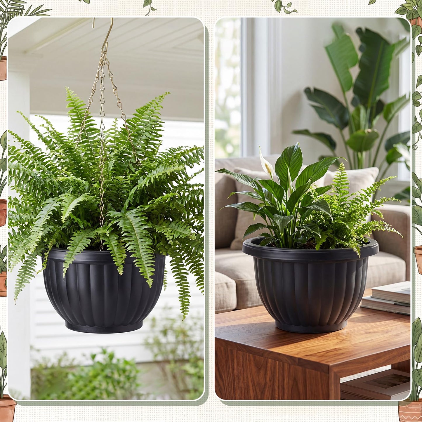 Ferrochef 12 Sets Hanging Planters for Indoor and Outdoor Plants Self Watering Hanging Basket Flower Pots Plastic Plant Pots with Drainage Hole and Absorbing Tray(Black,10 Inch)