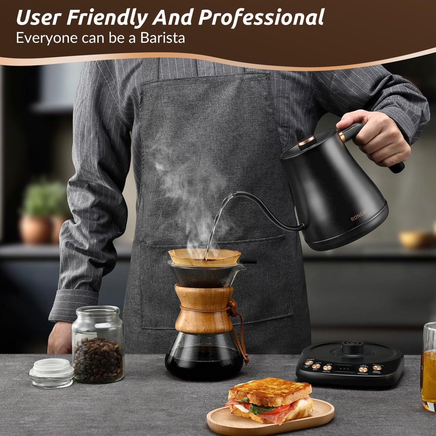 RONGBEST Electric Gooseneck Kettle 1L, 6 Temperature Control Presets, 1200W Quick Heating Water Pour Over Coffee & Tea Pot with Auto Shut-off & Keep-warm, Stainless Steel Inner & Lid, Matte Black