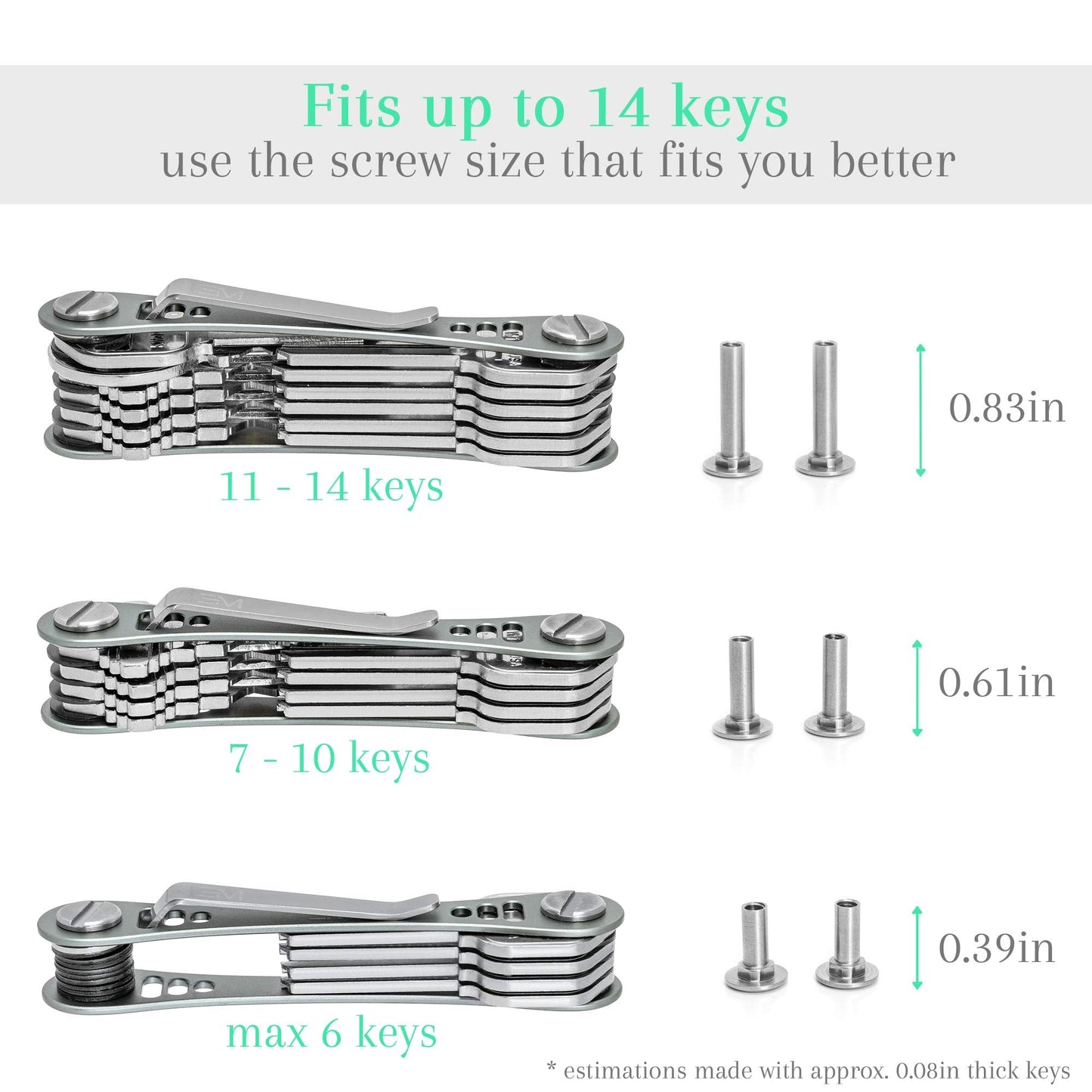 EM Premium Products Compact Key Holder - Pocket Key Organizer - 14 Keys Key Bar - Gray