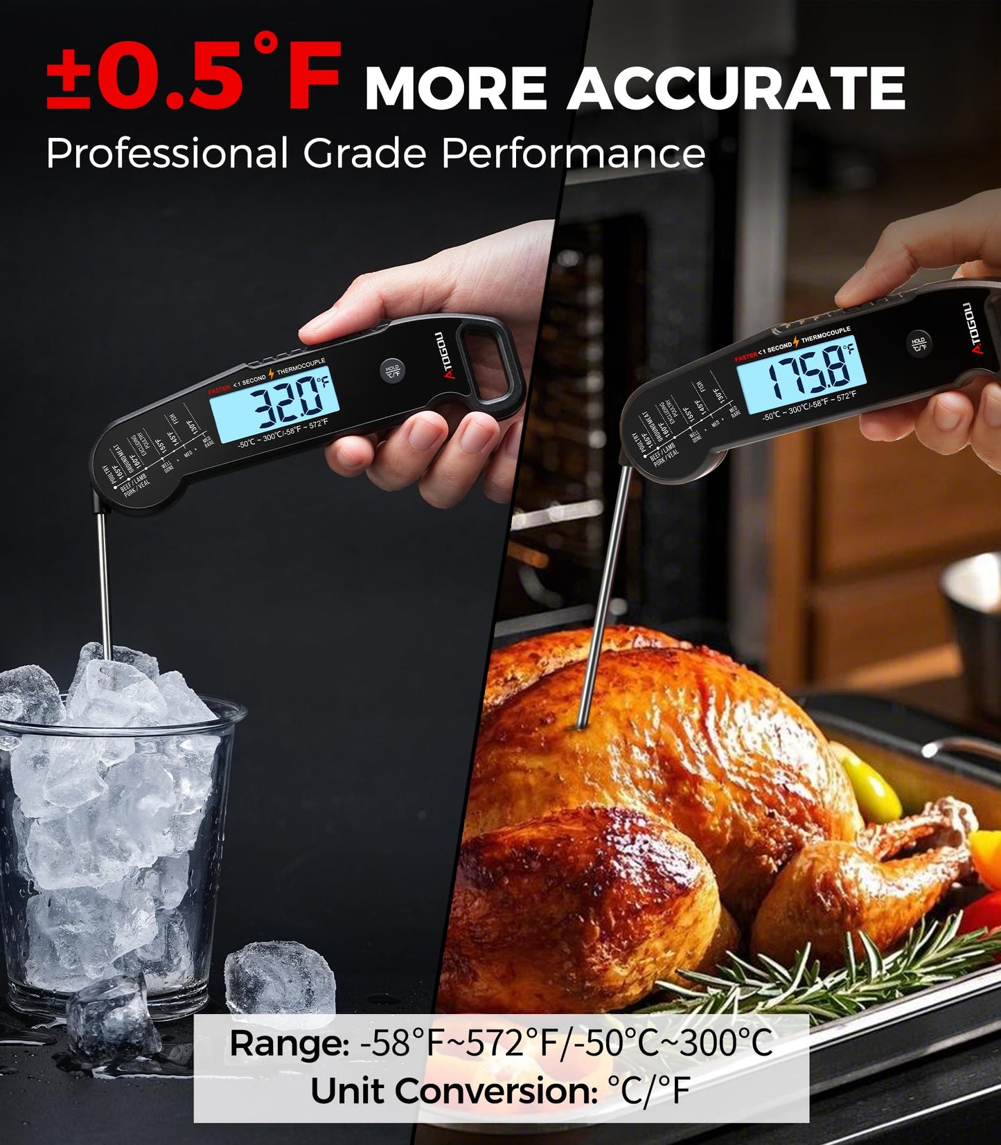 Atogou Meat Thermometer, Professional Food Thermometer, <1 Sec Instant Read, ±0.5℉ Accuracy, Thermocouple Sensor, Waterproof Digital Thermometer for Cooking, BBQ, Grill, Him Dad Birthday Gifts, Black