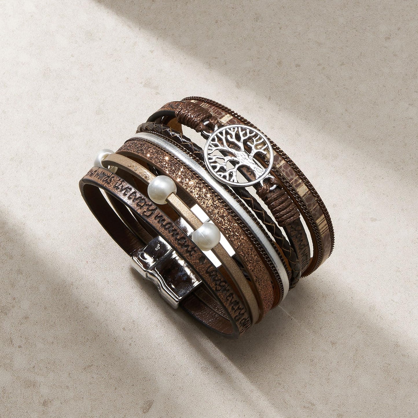QIUTIMIY Leather Bracelets for Women Trendy Boho Cuff Bracelet Layered Bangle with Clasp Hand Wrist Jewelry Western(Style 5-Brown)
