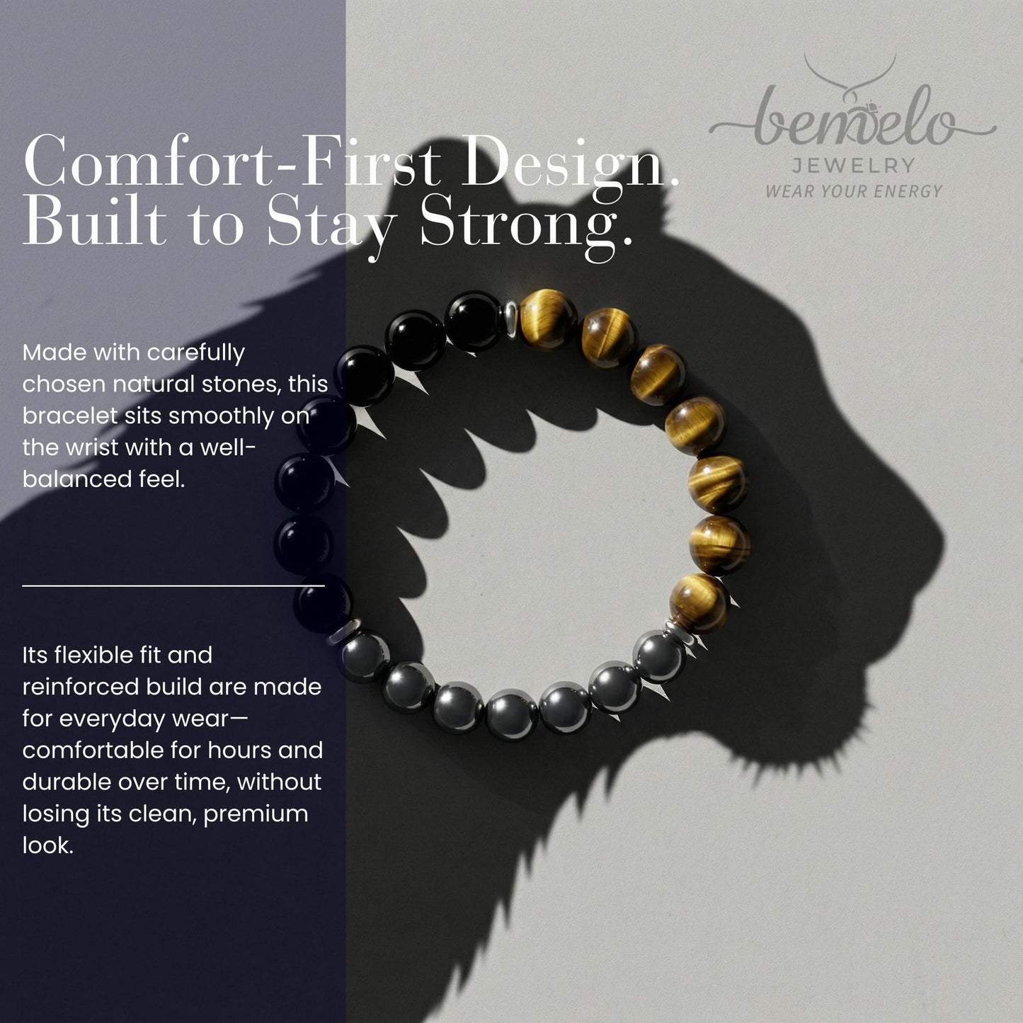 BEMELO Triple Protection Bracelet for Men & Women, 8mm Tiger Eye - Black Tourmaline - Hematite, Natural Stone Beaded Stretch Bracelet