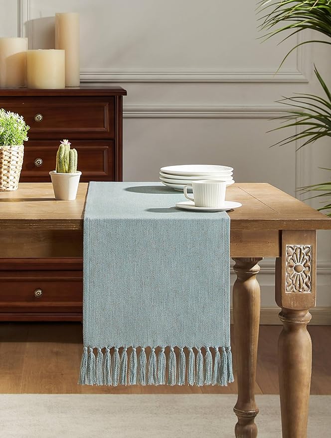 ZeeMart Linen Blend Table Runner, Blue 13x48 Inch, Farmhouse Burlap Linen Style Rustic Blue Table Runners 48 Inches Long