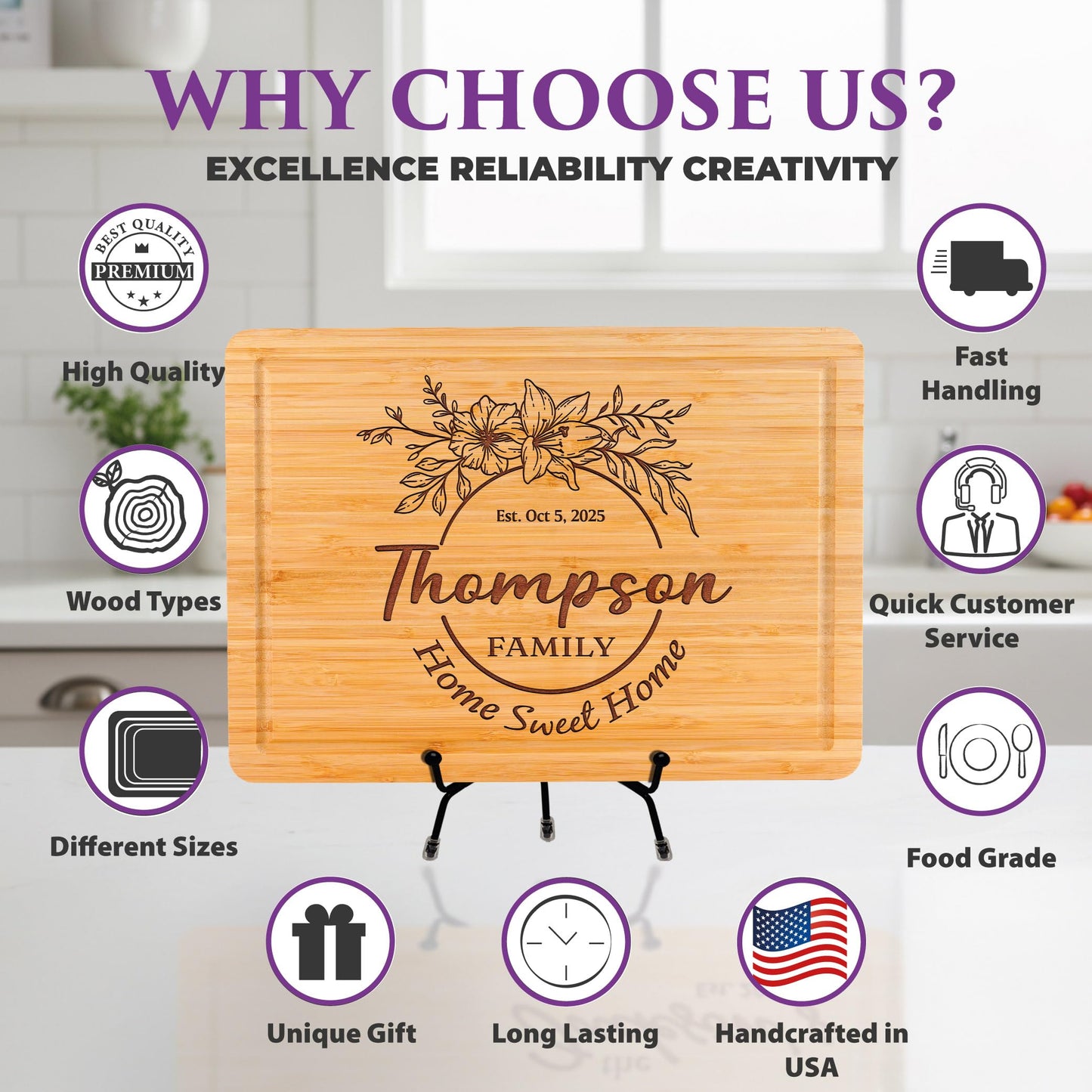 Personalized Cutting Board with Home Sweet Home Design, Custom Engraved Housewarming Gift for Friends, New Home, Realtor Closing Gift for Clients, Kitchen Decor, Neighbors or First-Time Home Buyers