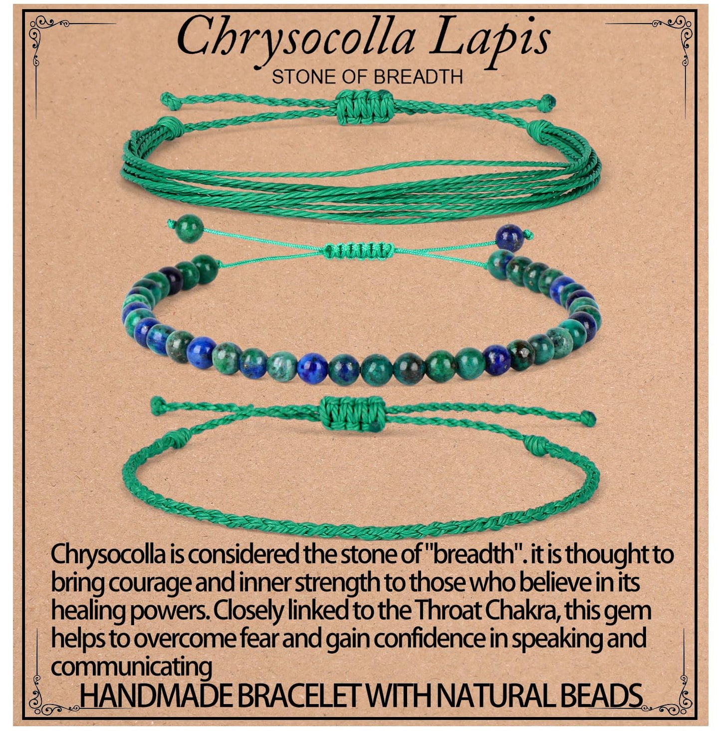 QOGIR Handmade Healing Stones Bracelets, 4mm Natural Chrysocolla Lapis Beaded Bracelets for Men Women Gifts with 2PCS Size Adjustable Rope Bracelets