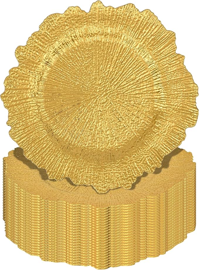 Pesonlook 24Pcs Bright Gold Charger Plates Round 13inch, Reef Plate Chargers for Dinner, Bulk Plastic Floral Table Charger Plates for Dinner Wedding Party Event Table Setting Decoration(Bright Gold)
