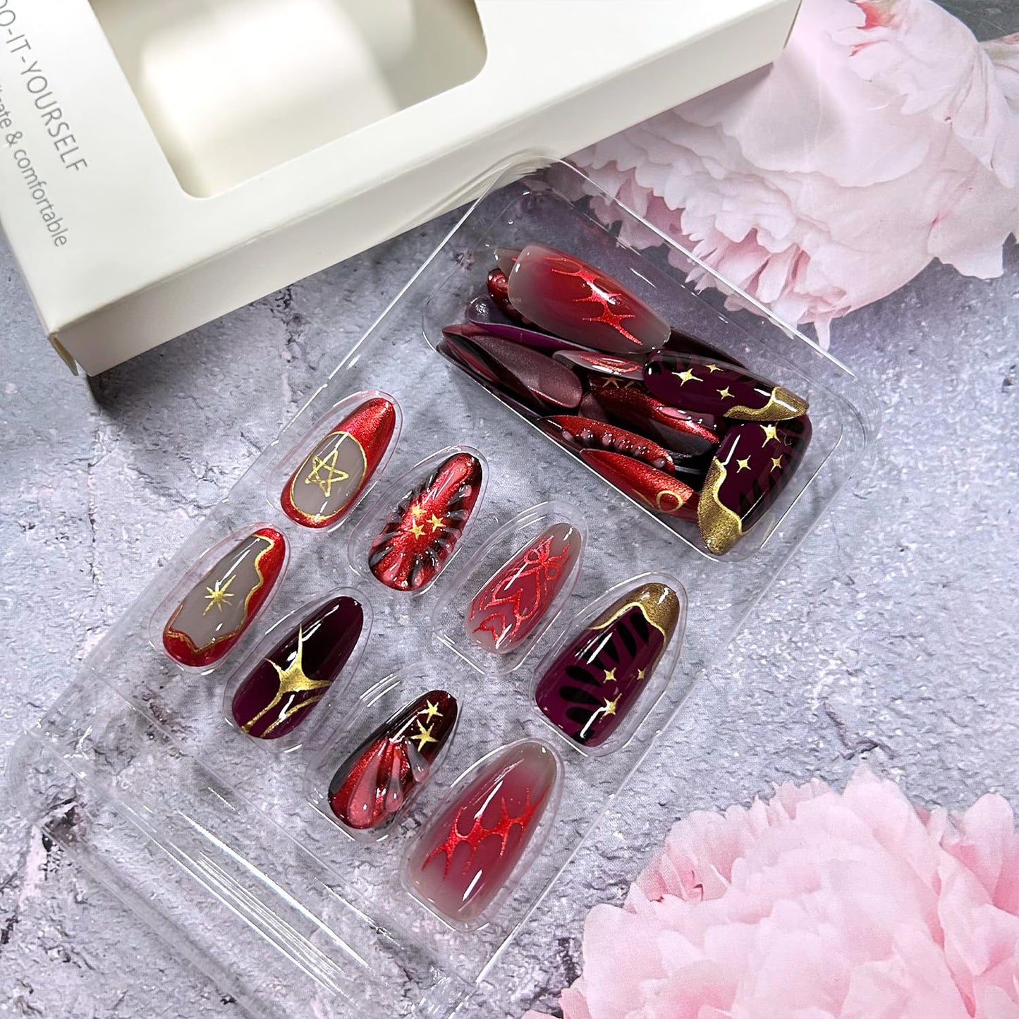 Dark Red Press on Nails Medium Almond Shaped Artificial Acrylic Nails Gradient 3D Gold Star Love Heart with Gold Edge Design Stick on Nails Full Cover Reusable Coffin Artificial Fingernails for Women