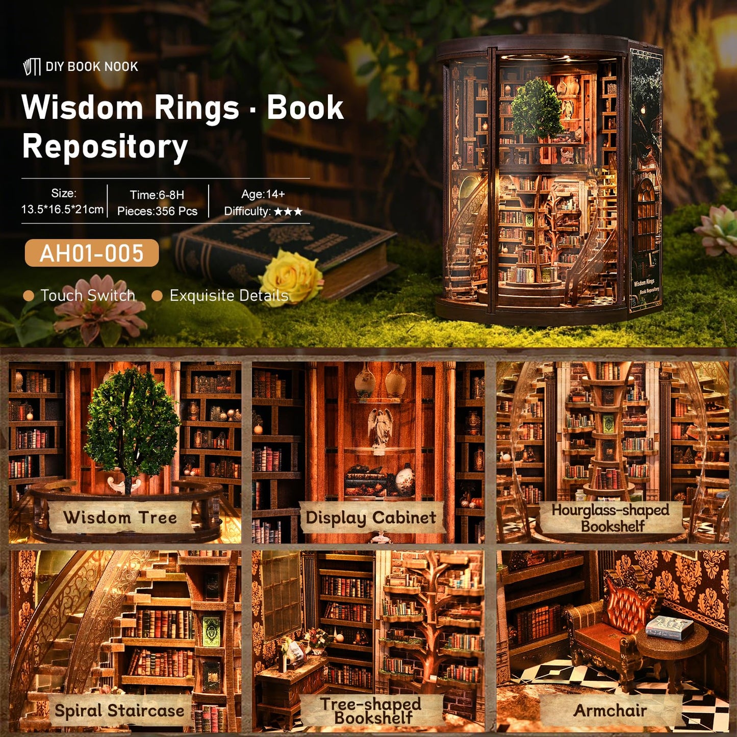 Sagiterra Book Nook Kit，DIY Miniature Dollhouse Kit (DH-W YR)