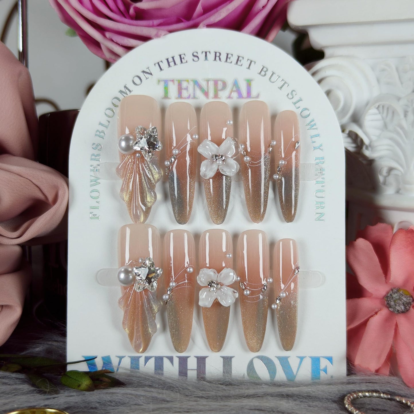 TENPAL Cat Eye French Tips Press on Nails Long Stiletto- Icy Glitter & Pearl Sweet Design, with Hand Carving, Reusable & Glossy False Nails for Effortless Glam(S)