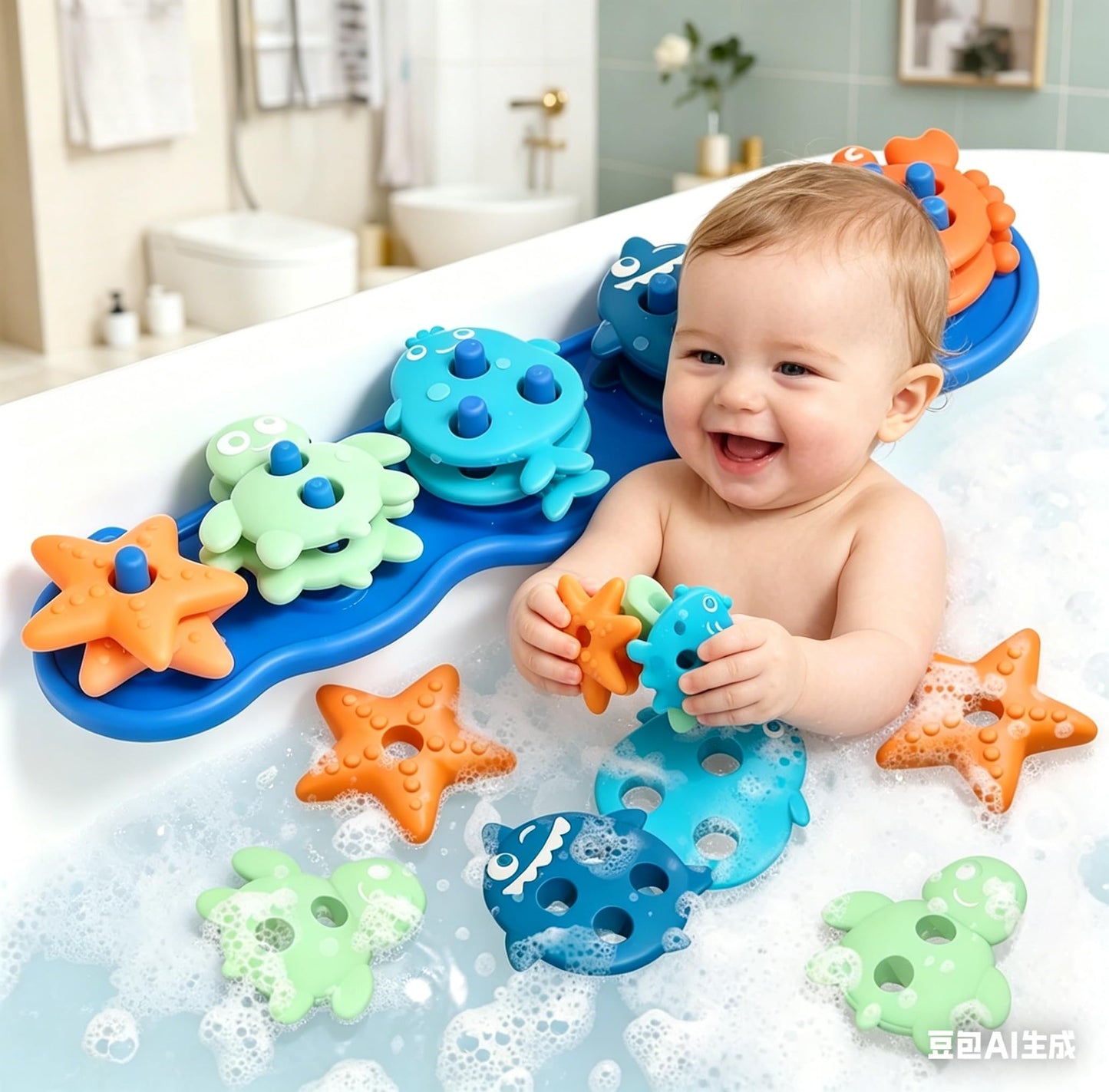 Silicone Baby Bath Toys – Stackable, Shape-Sorting Floating Set with 10 Mold-Free Textured Pieces, No-Hole Design – Early Learning Bathtub Toys for Toddlers and Kids