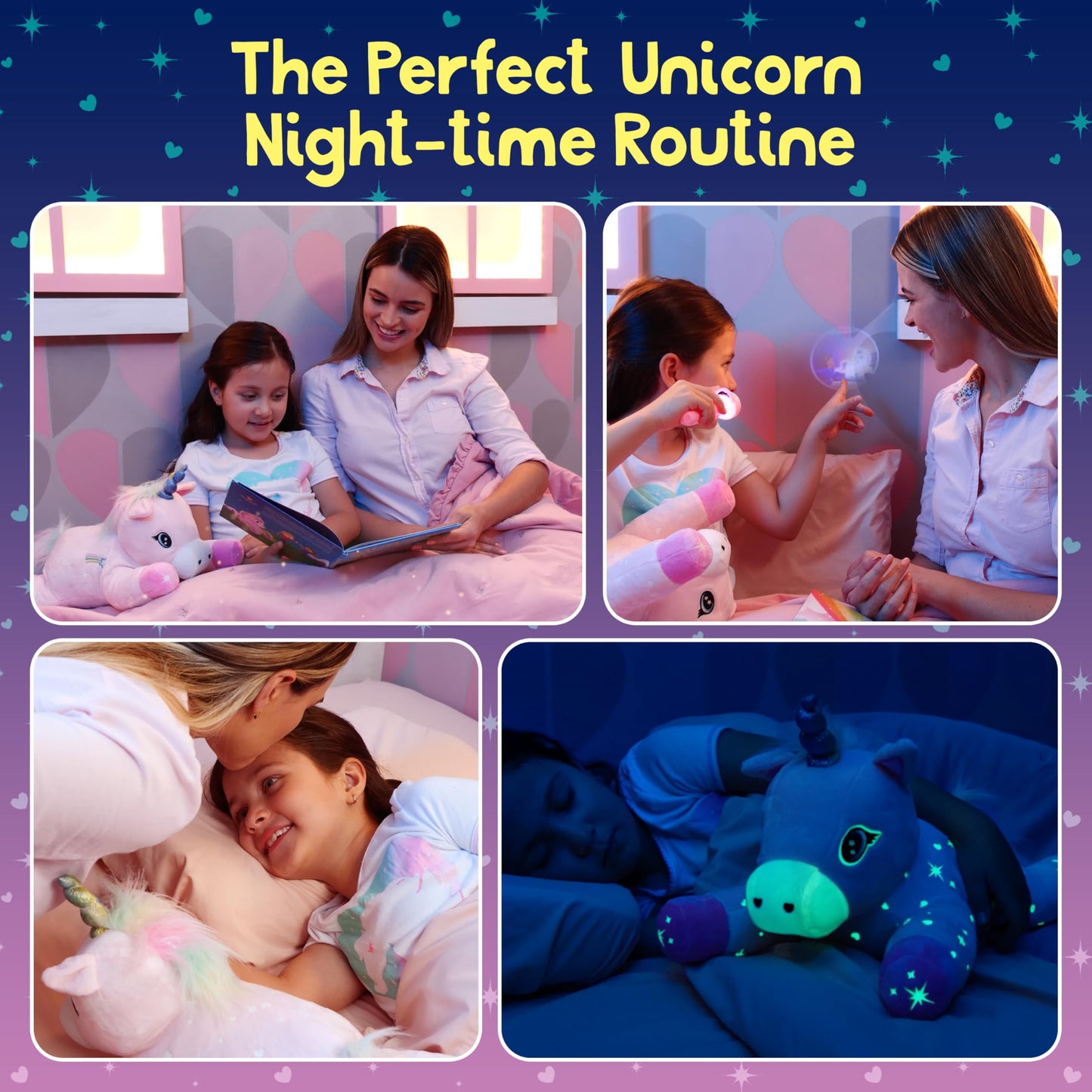 SNUGSHINE Glow in the Dark Unicorn Plush with Book & Flashlight Projector, 18 Inch Unicorn Stuffed Animal and Book Set, Light Up Toy Stuffies for Girls Gift Set, Bedtime Help Sleep Aid