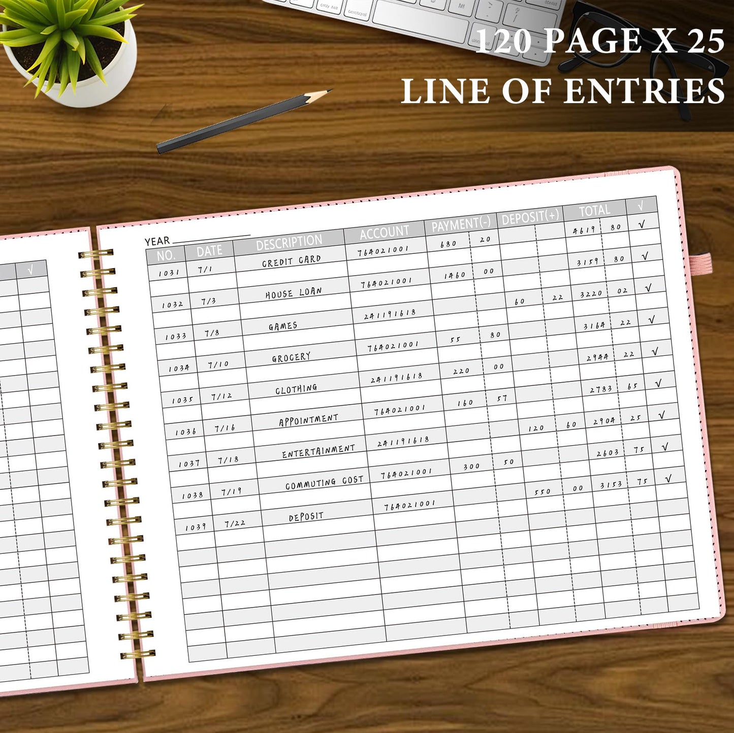 AKONEGE Accounting Ledger Book for Personal & Small Business Bookkeeping, Horizontal Income and Expense Tracker Notebook with Calendar, Hardcover Columnar Log Journal 10.78'' x 8'', Dusty Pink