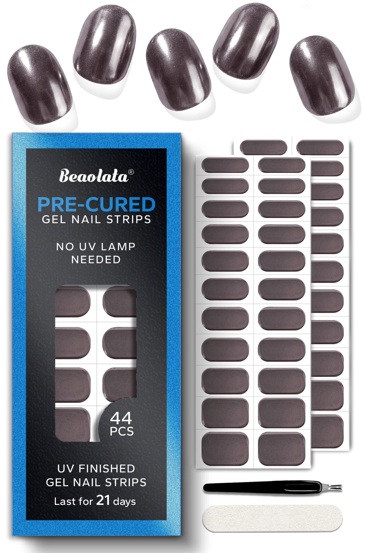 Beaolata Real Gel Nail Strips (No UV Light Needed) - 44Pcs Salon Quality Nail Stickers - Long Lasting Polish Wraps for Women, Easy Apply & Remove (Chrome Cocoa Brown)