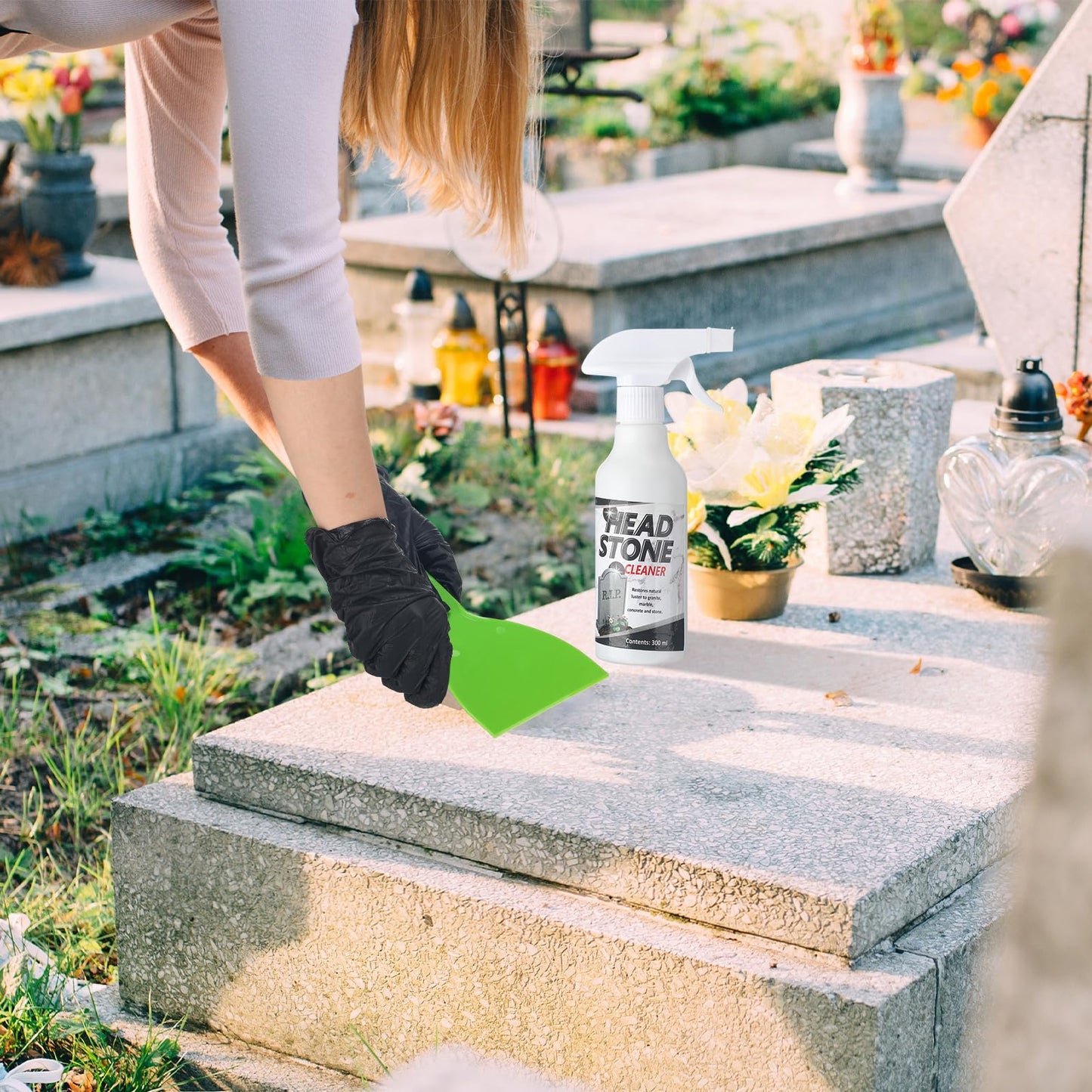 Mixweer 8 Pcs Headstone Cleaner Kit for Grave Cemetery Cleaning Granite and Stone Daily Cleaner Includes Spray Cloth Bristle Crevice Brush Scrub Brush Cleaning Sponge Disposable Gloves Plastic Scraper
