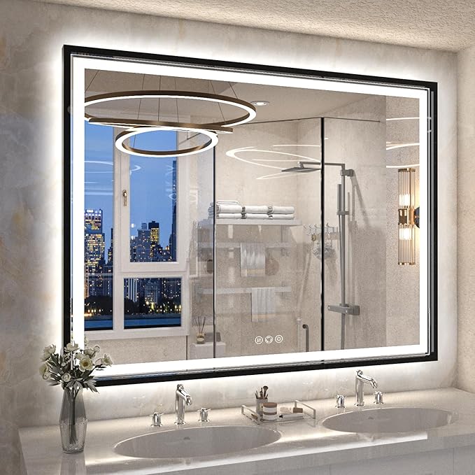 48x30 Inch LED Bathroom Mirror with Lights, Frontlit & Backlit Black Metal Frame Mirror, Wall Mounted Lighted Vanity Mirrors, Double Lights Strips,Anti Fog Dimmable & 3 Colors Temperature
